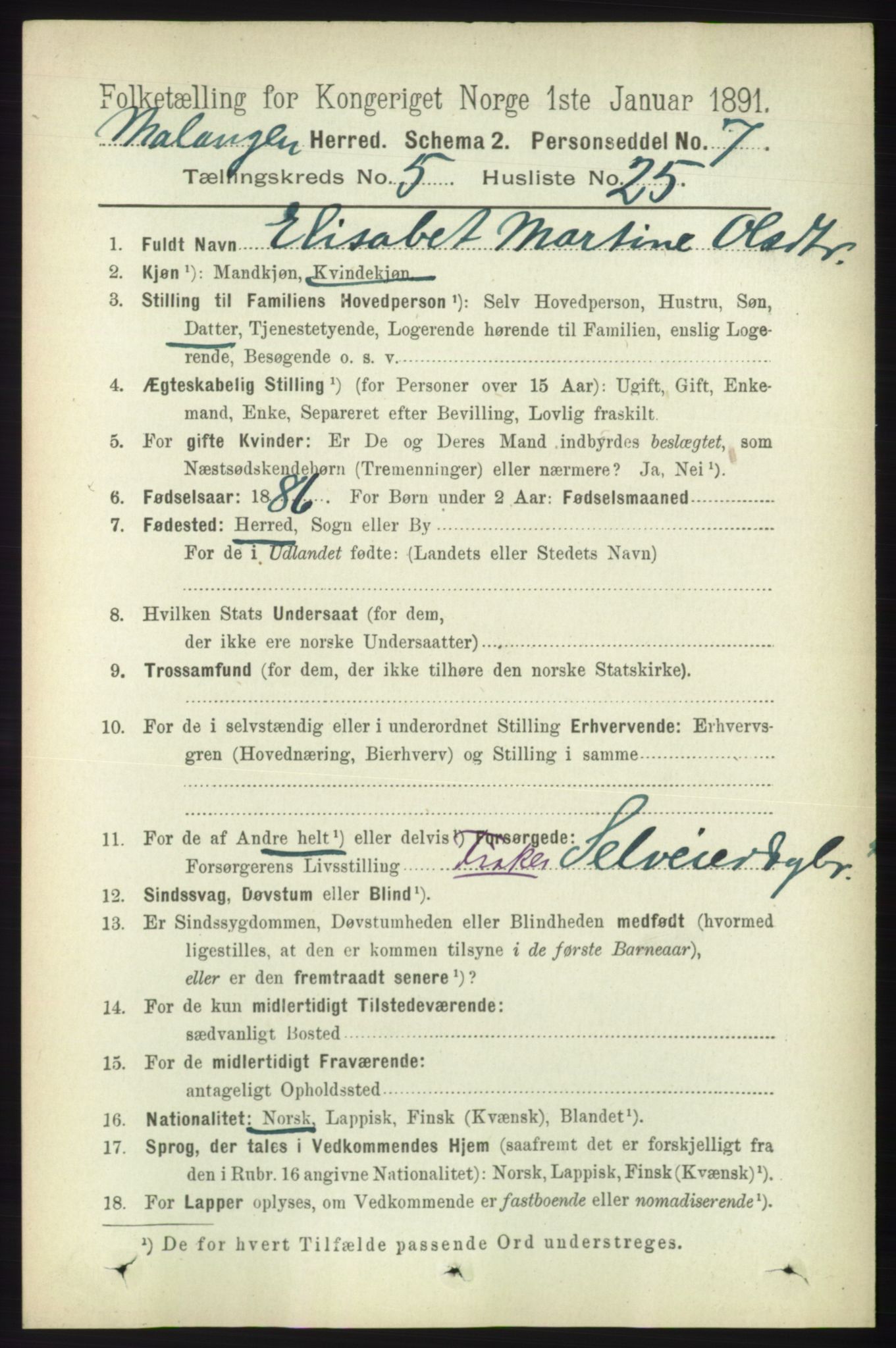 RA, 1891 census for 1932 Malangen, 1891, p. 1726