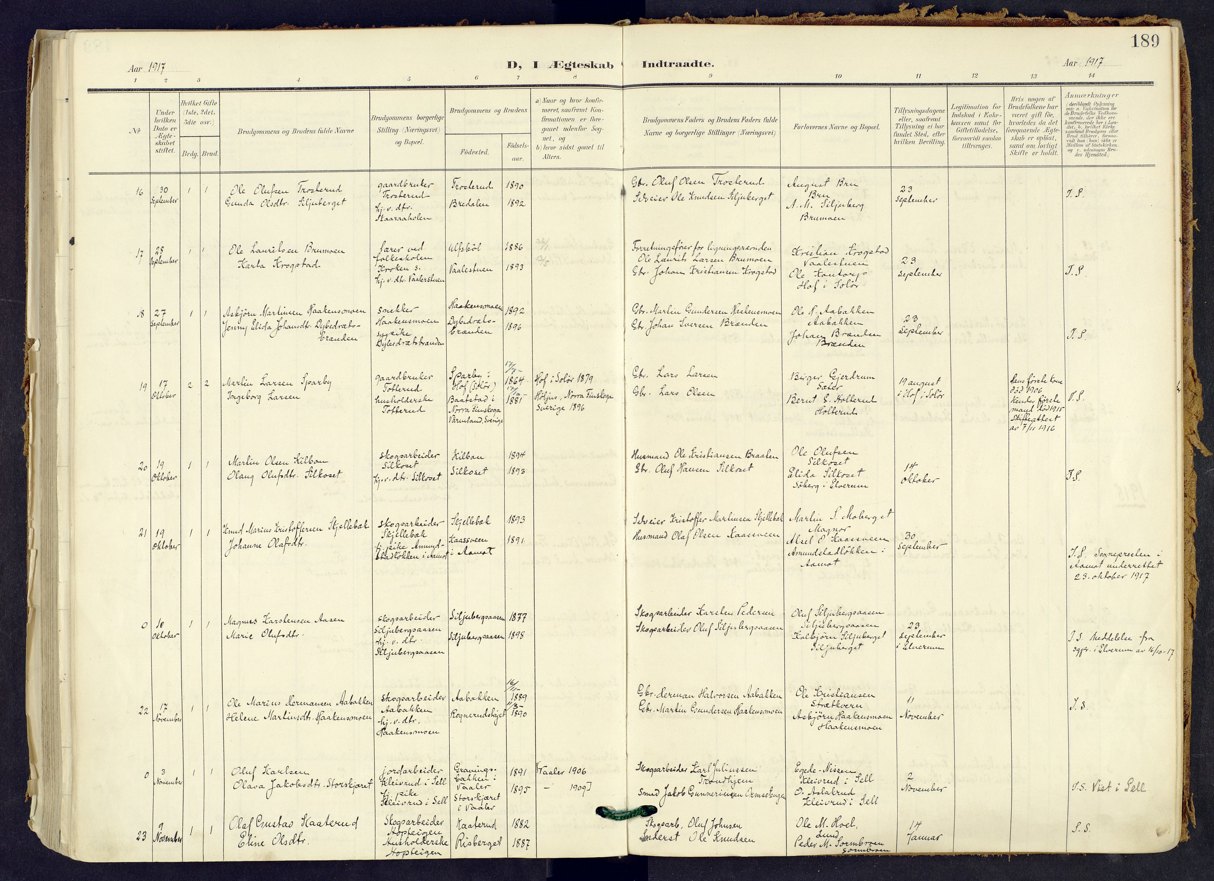 Våler prestekontor, Hedmark, AV/SAH-PREST-040/H/Ha/Haa/L0008: Parish register (official) no. 8, 1905-1921, p. 189