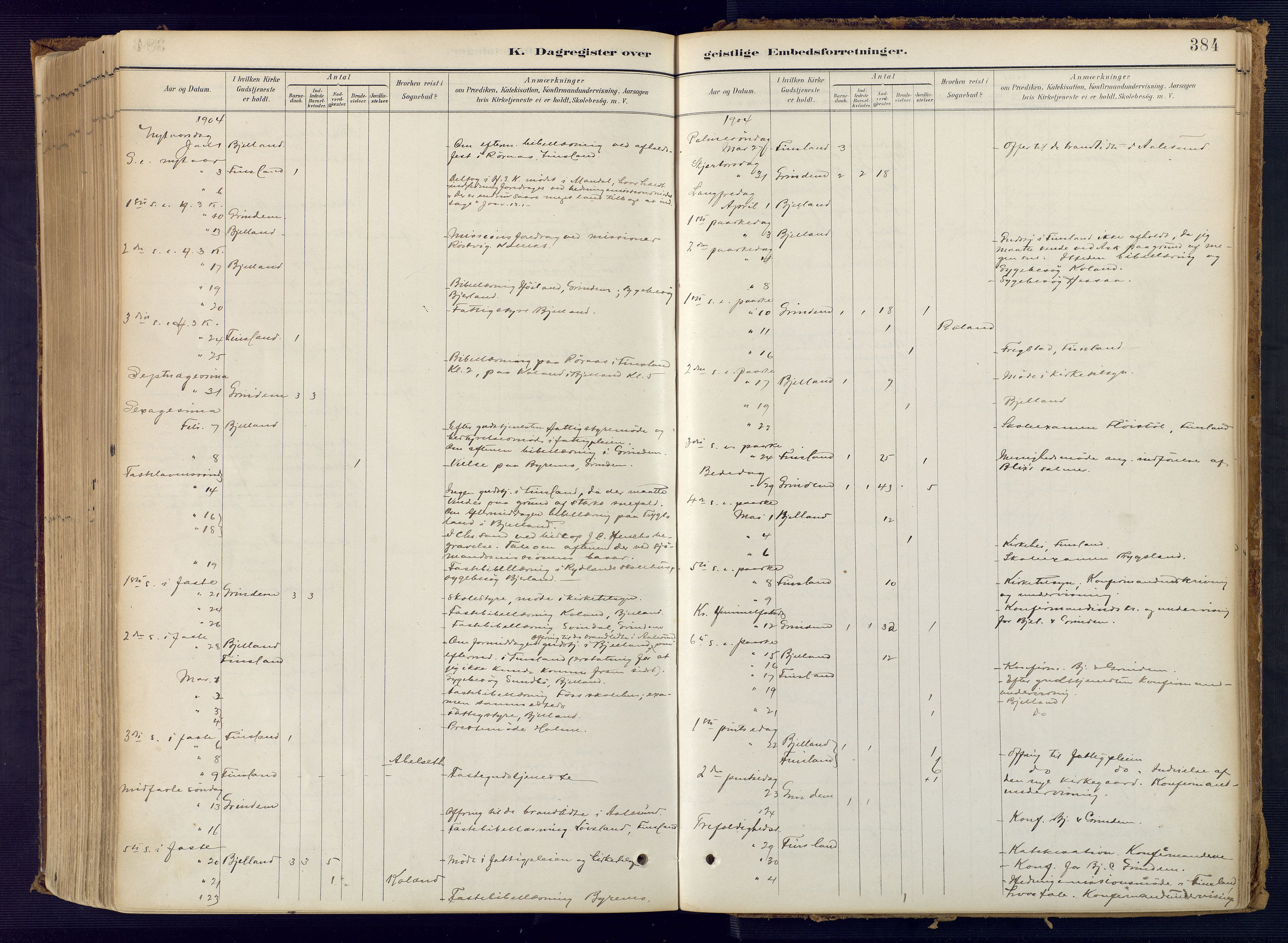 Bjelland sokneprestkontor, AV/SAK-1111-0005/F/Fa/Faa/L0004: Parish register (official) no. A 4, 1887-1923, p. 384