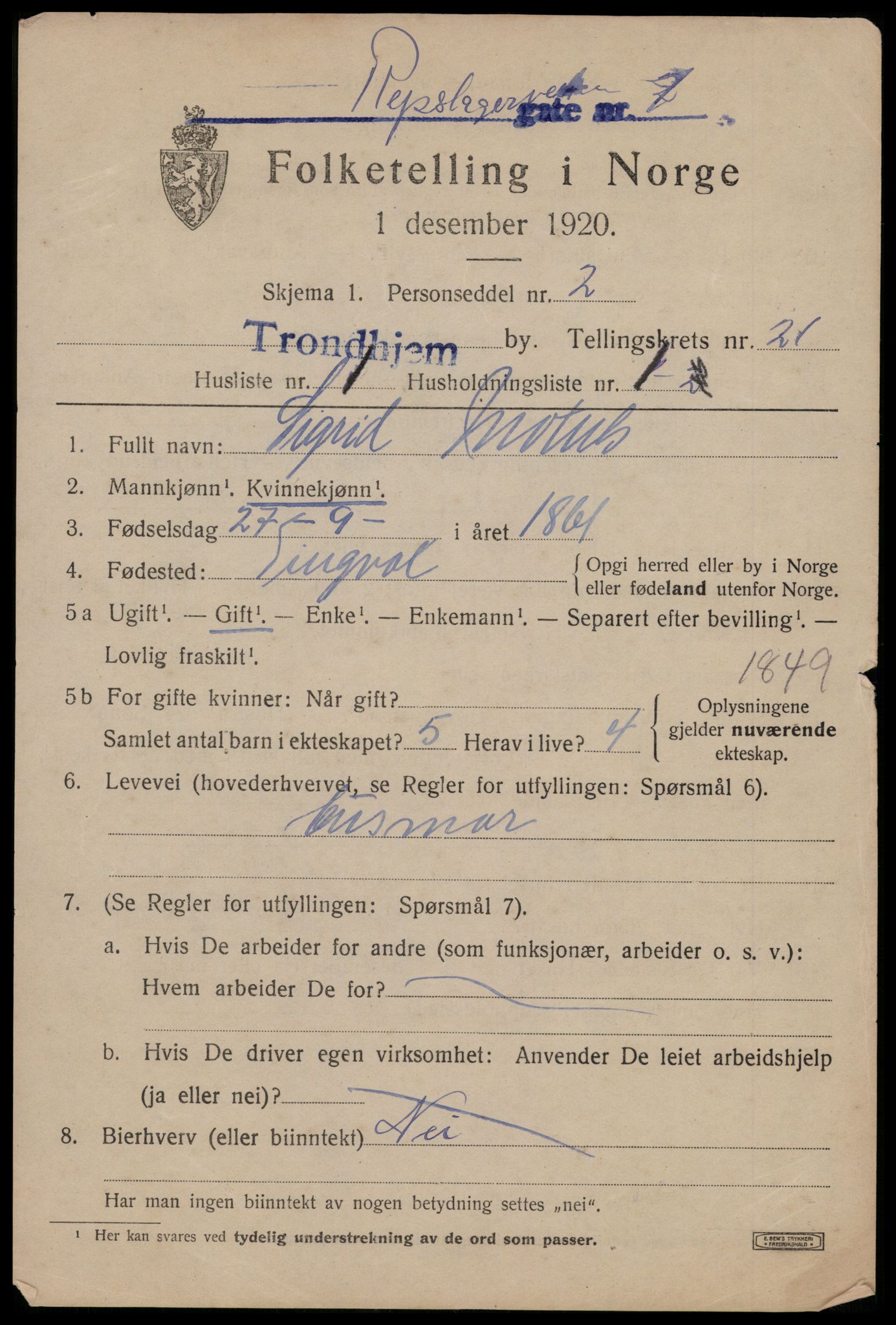 SAT, 1920 census for Trondheim, 1920, p. 61038