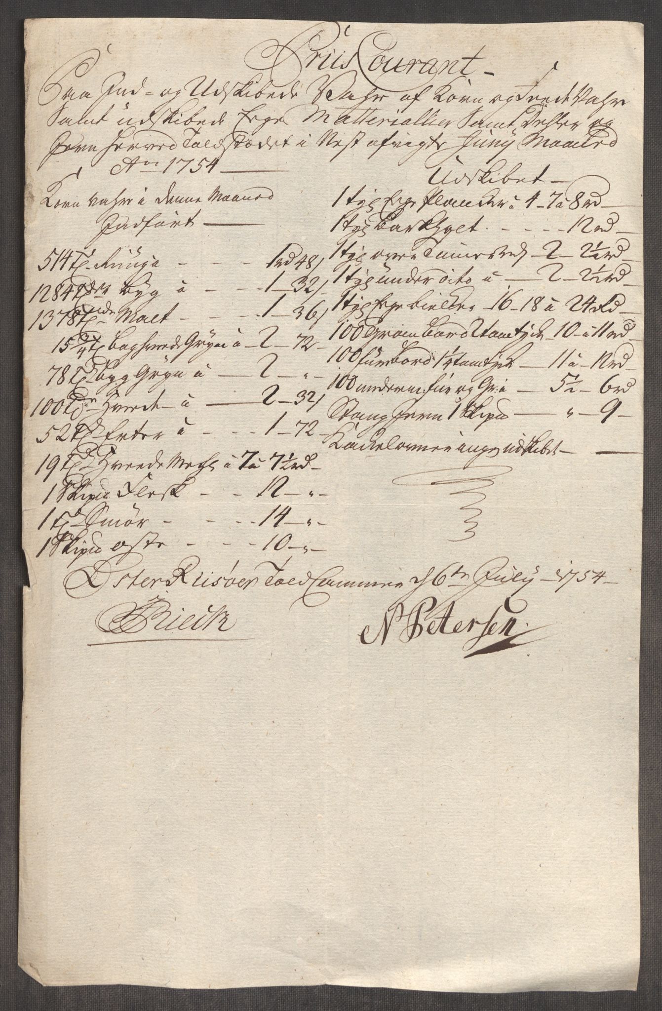 Rentekammeret inntil 1814, Realistisk ordnet avdeling, AV/RA-EA-4070/Oe/L0005: [Ø1]: Priskuranter, 1753-1757, p. 288