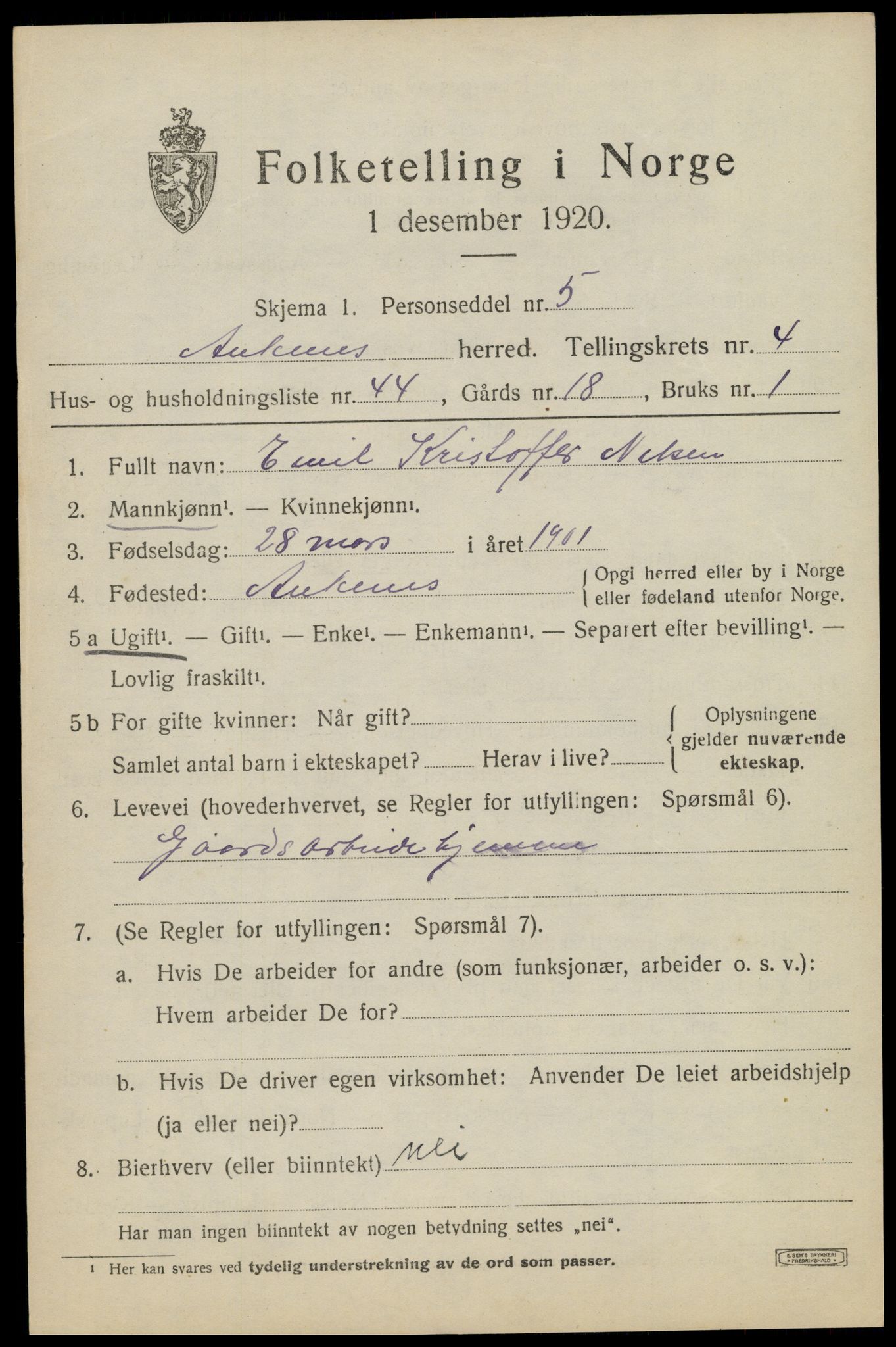 SAT, 1920 census for Ankenes, 1920, p. 3105
