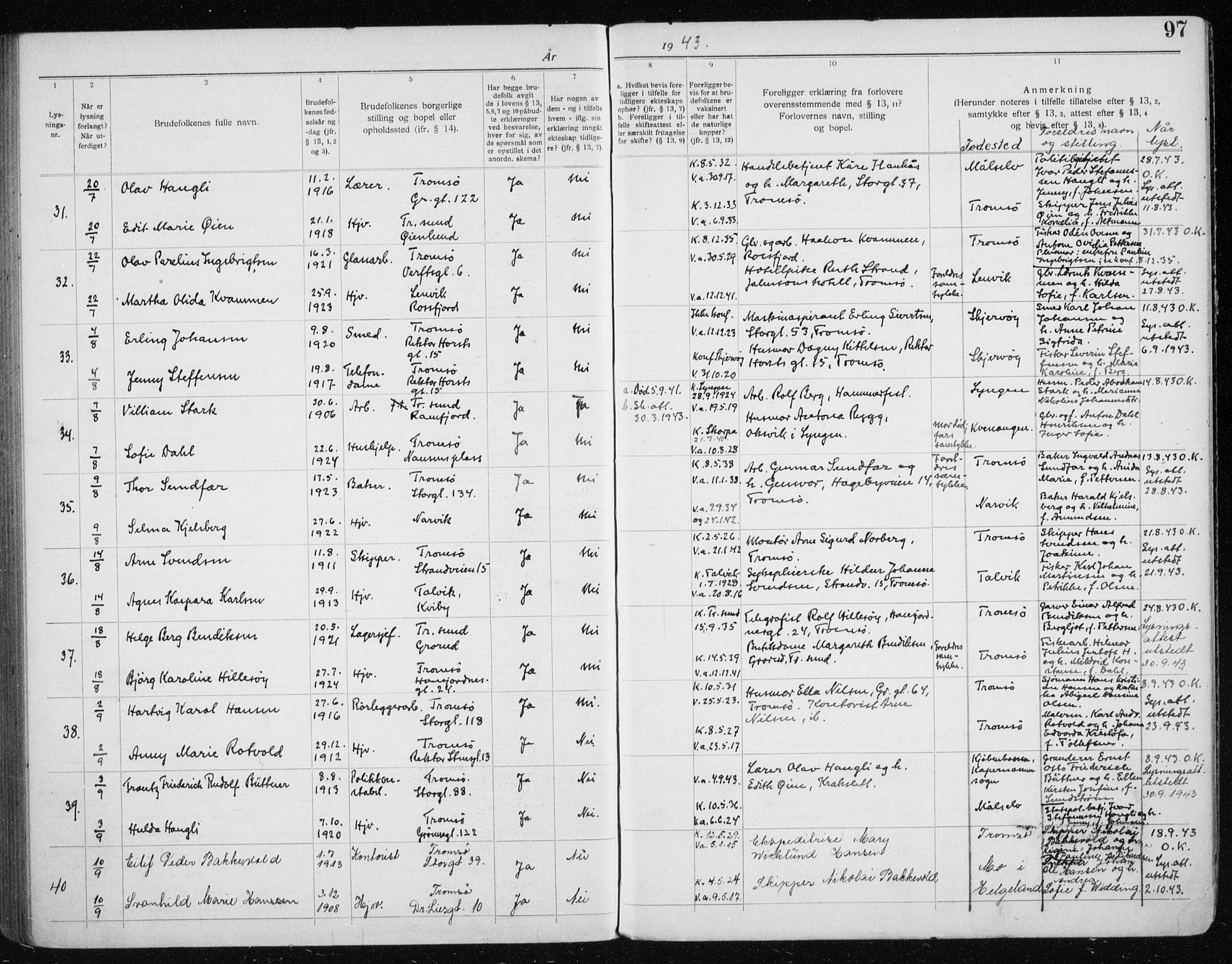 Tromsø sokneprestkontor/stiftsprosti/domprosti, AV/SATØ-S-1343/H/Hc/L0101: Banns register no. 101, 1933-1943, p. 97