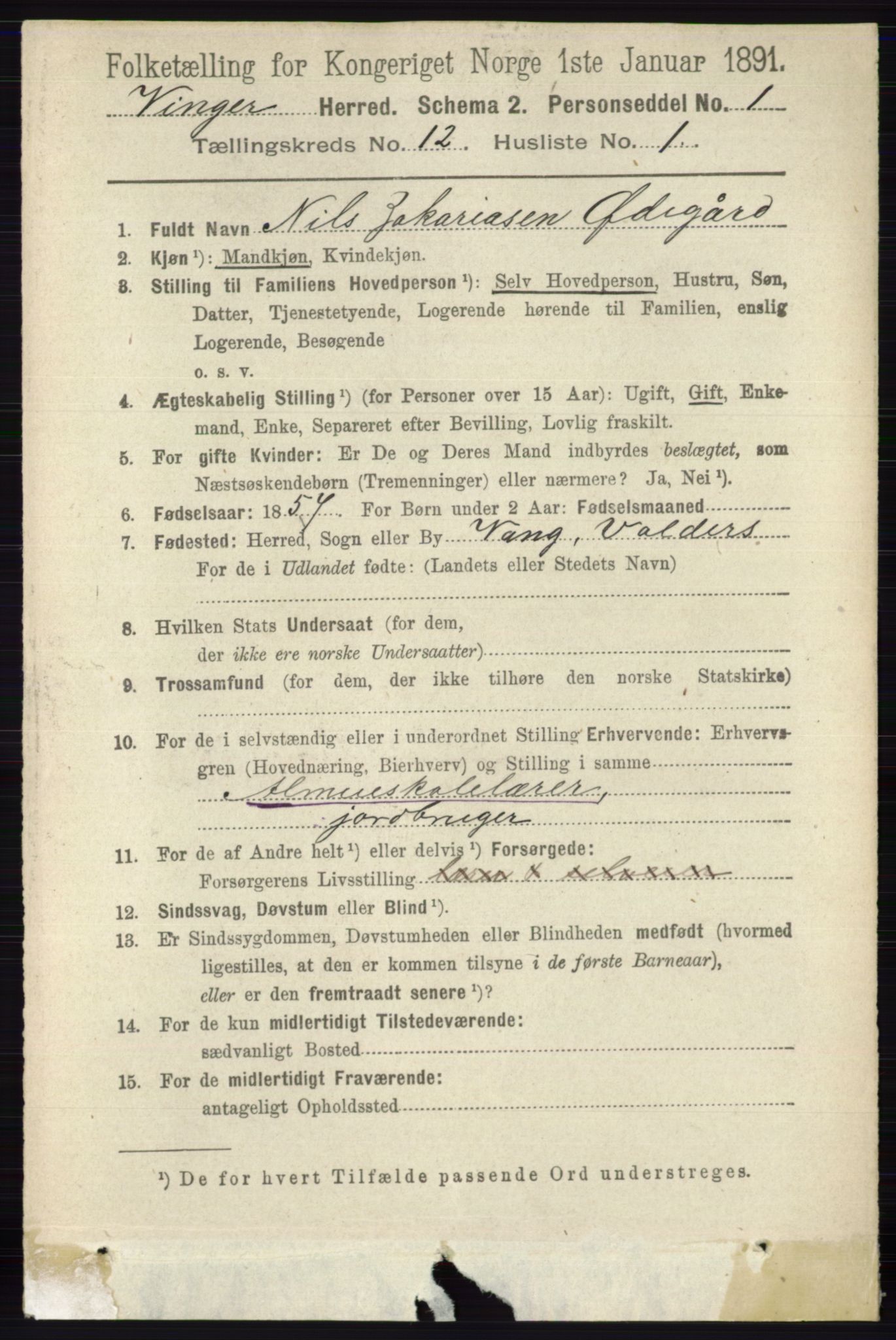 RA, 1891 census for 0421 Vinger, 1891, p. 5772