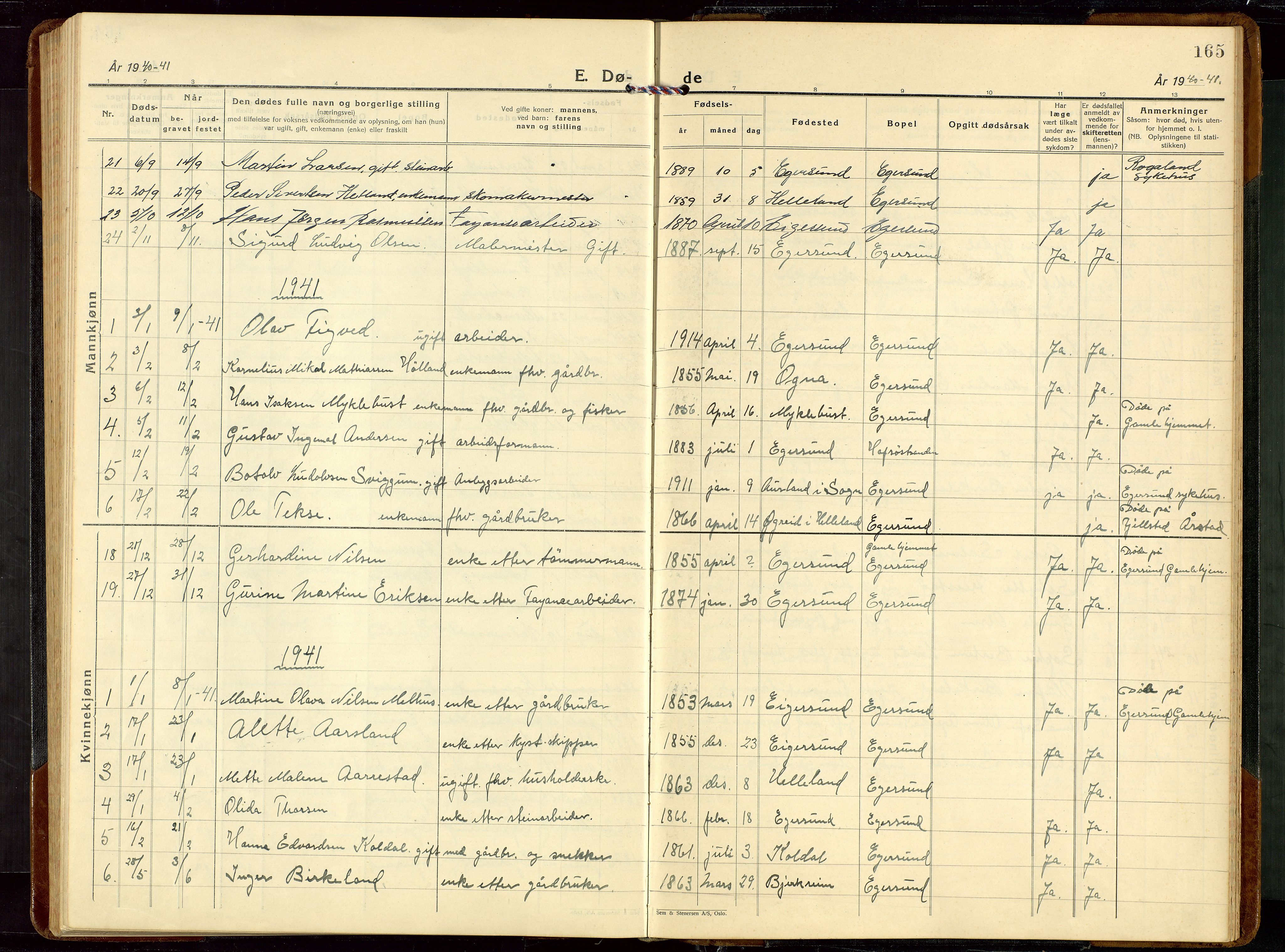 Eigersund sokneprestkontor, SAST/A-101807/S09/L0014: Parish register (copy) no. B 14, 1931-1949, p. 165