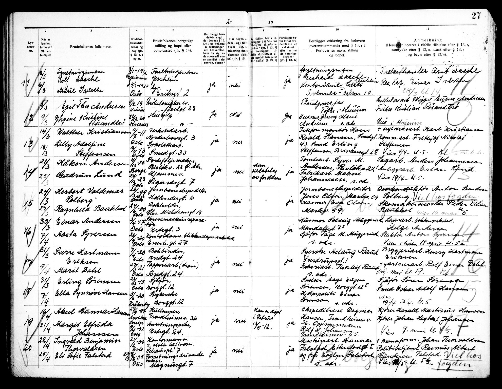 Grønland prestekontor Kirkebøker, AV/SAO-A-10848/H/Ha/L0004: Banns register no. 4, 1939-1951, p. 27