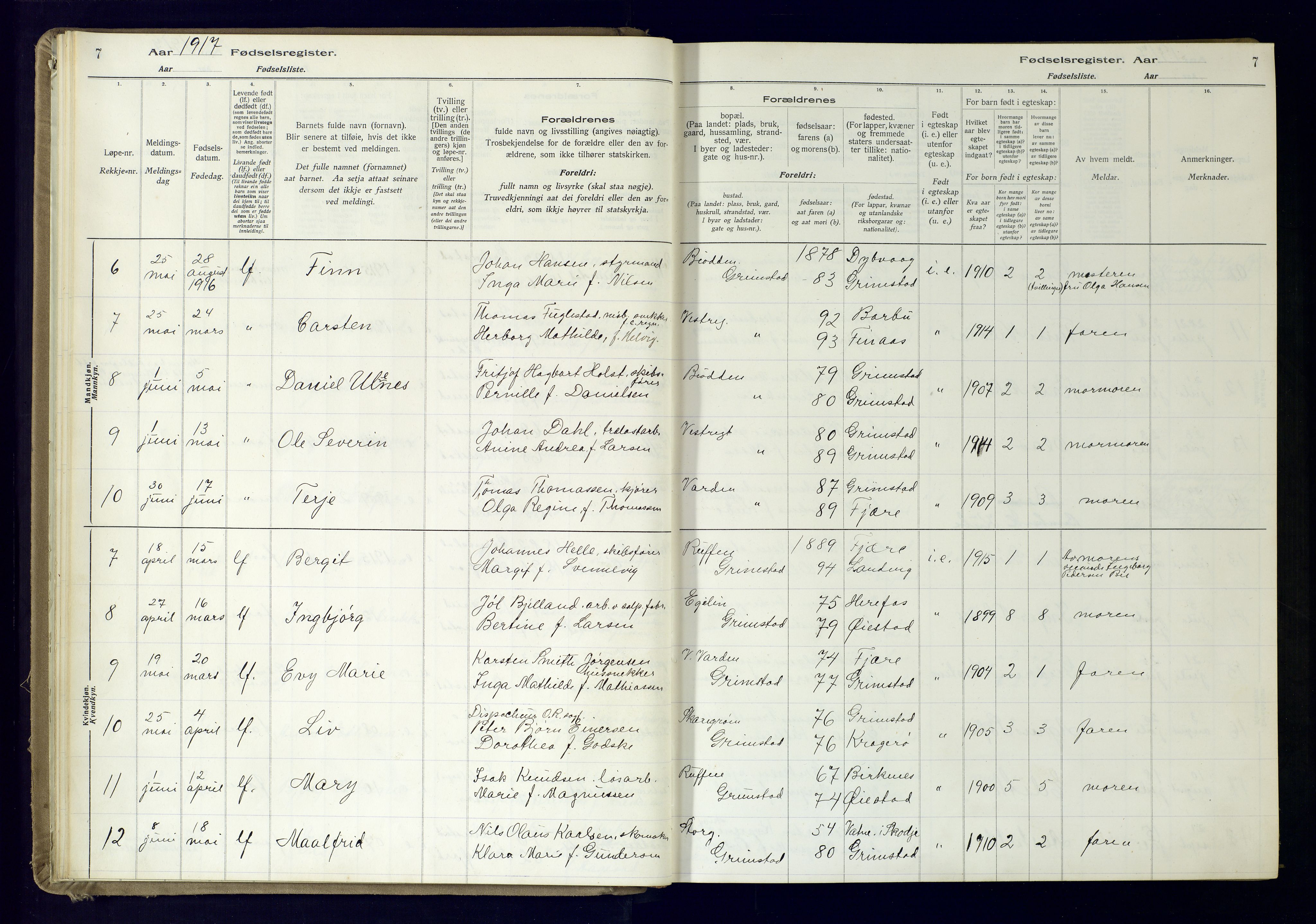 Grimstad sokneprestkontor, AV/SAK-1111-0017/J/Ja/L0001: Birth register no. 1, 1916-1960, p. 7