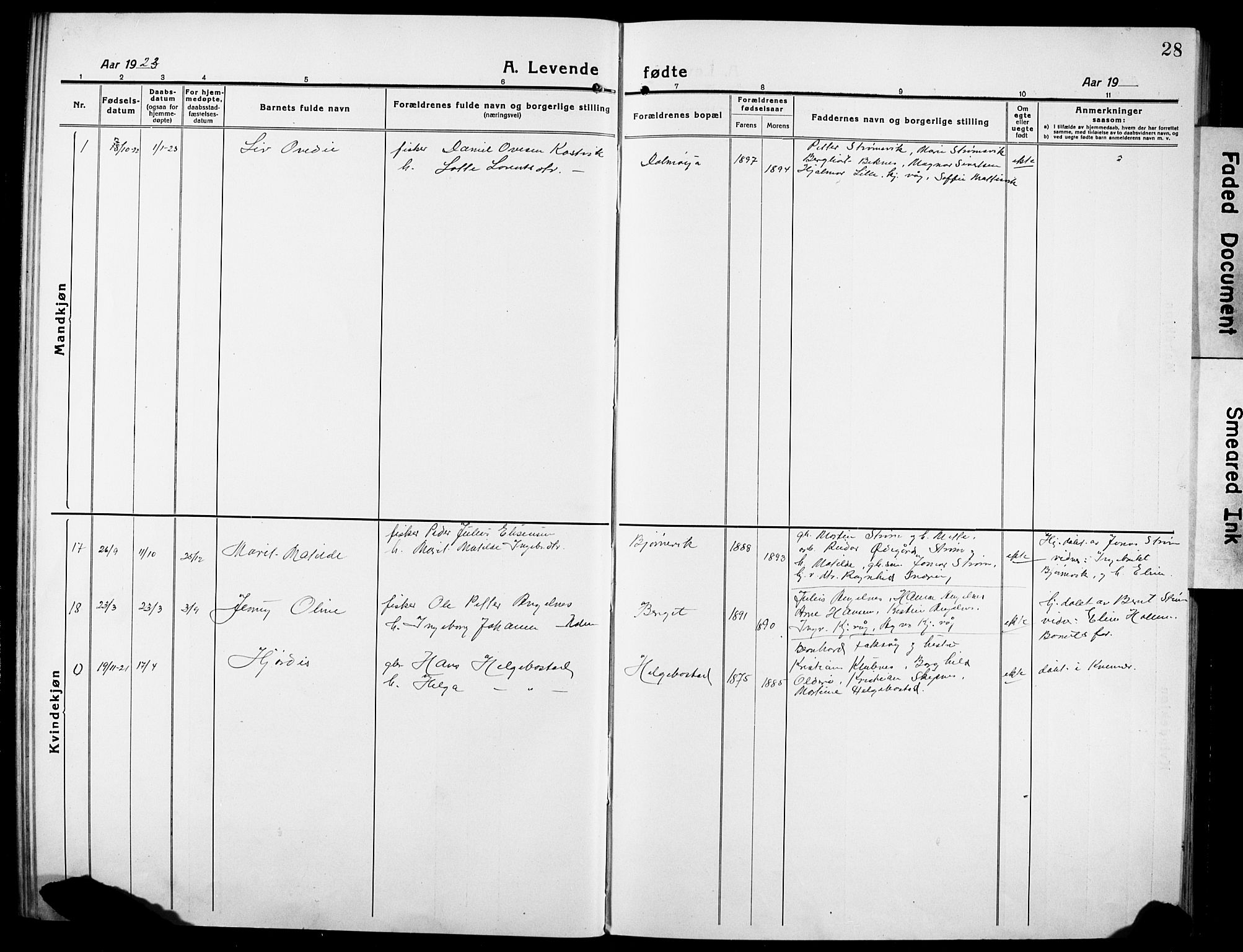 Ministerialprotokoller, klokkerbøker og fødselsregistre - Sør-Trøndelag, SAT/A-1456/634/L0543: Parish register (copy) no. 634C05, 1917-1928, p. 28