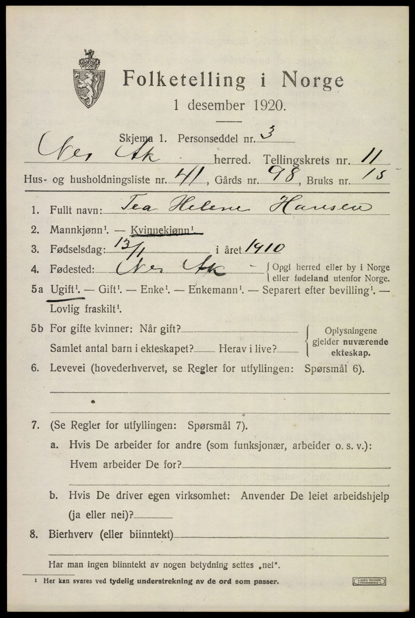 SAO, 1920 census for Nes, 1920, p. 11926