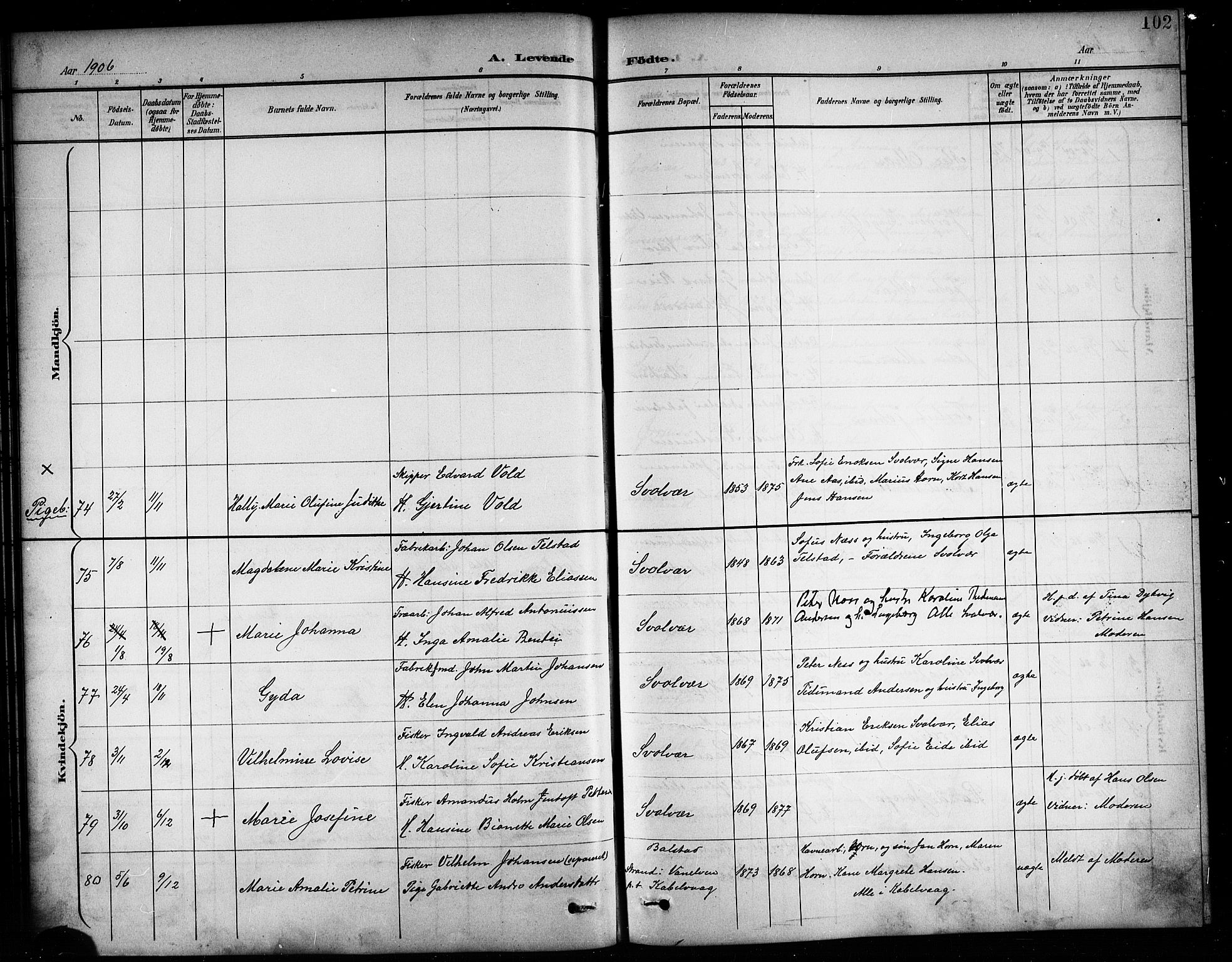 Ministerialprotokoller, klokkerbøker og fødselsregistre - Nordland, AV/SAT-A-1459/874/L1078: Parish register (copy) no. 874C07, 1900-1907, p. 102