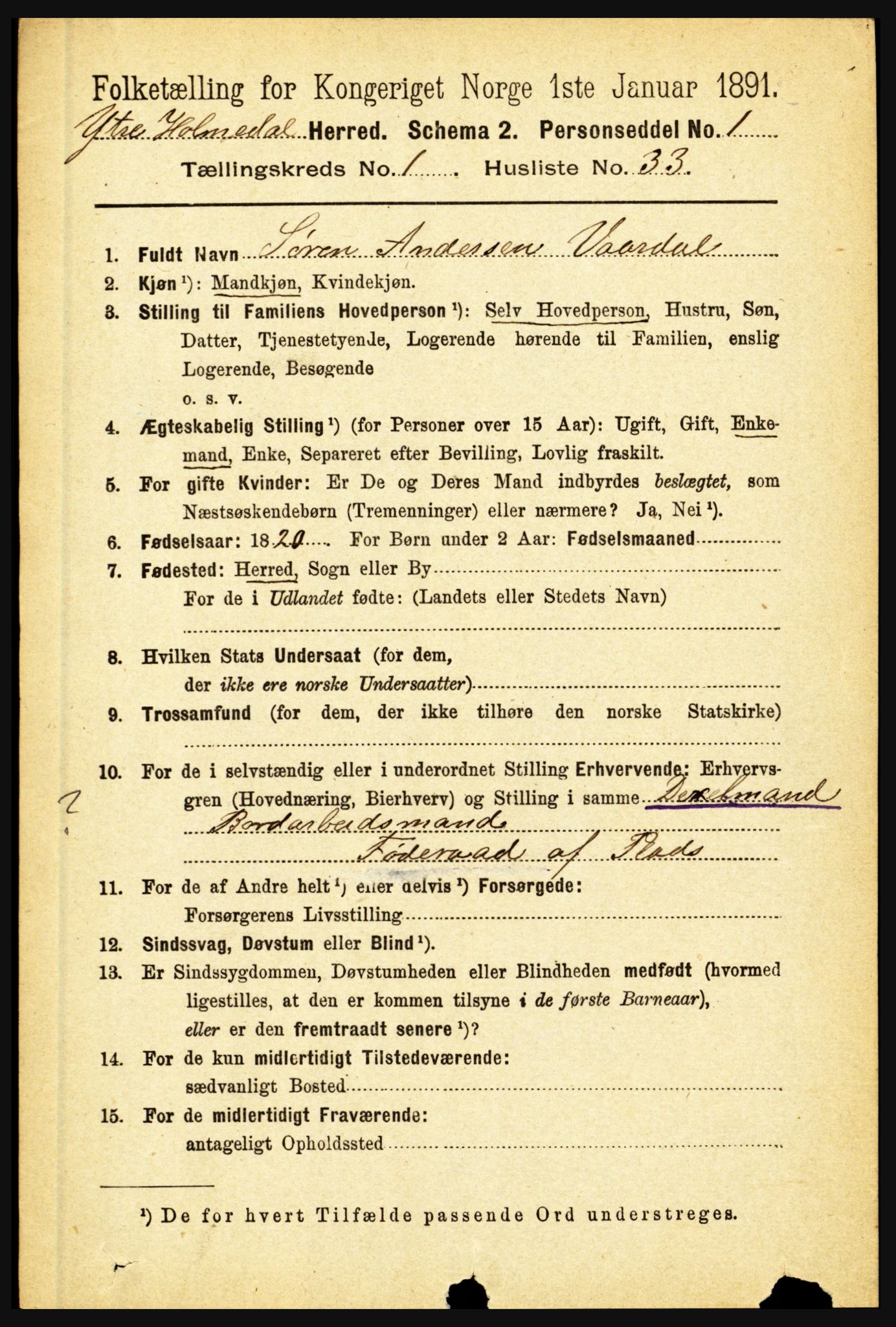 RA, 1891 census for 1429 Ytre Holmedal, 1891, p. 247