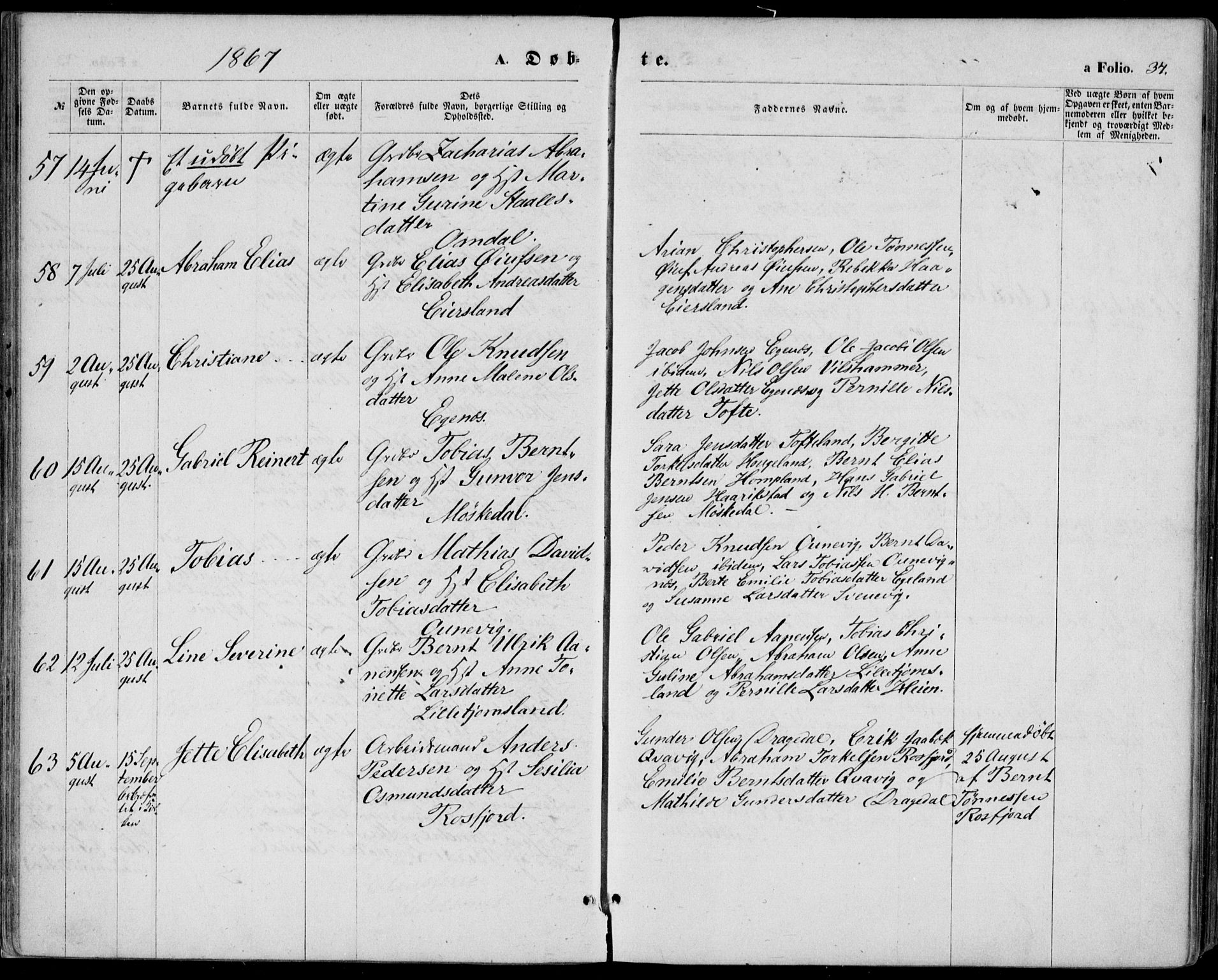 Lyngdal sokneprestkontor, AV/SAK-1111-0029/F/Fa/Fac/L0010: Parish register (official) no. A 10, 1865-1878, p. 34