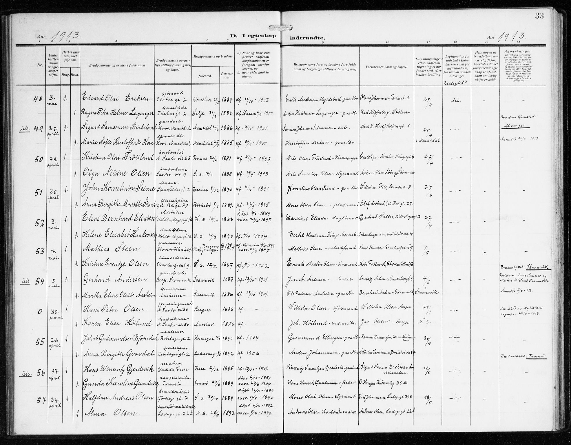 Sandviken Sokneprestembete, SAB/A-77601/H/Ha/L0015: Parish register (official) no. D 2, 1911-1923, p. 33