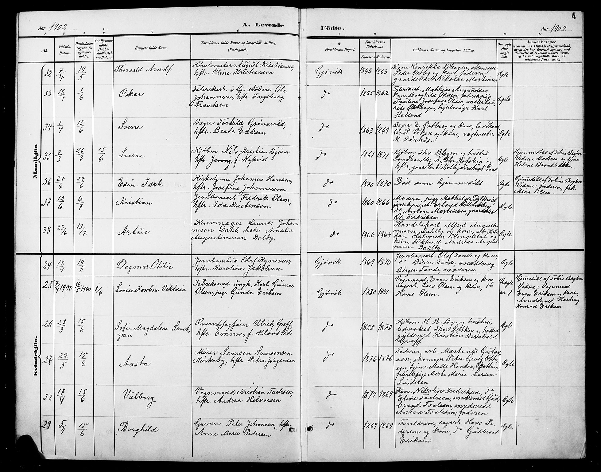 Vardal prestekontor, SAH/PREST-100/H/Ha/Hab/L0012: Parish register (copy) no. 12, 1902-1911, p. 4
