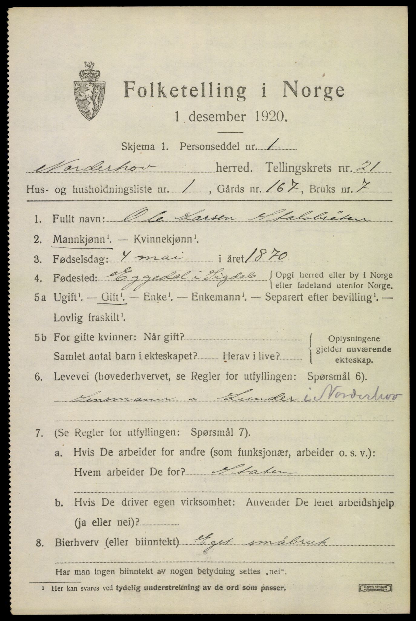 SAKO, 1920 census for Norderhov, 1920, p. 21902