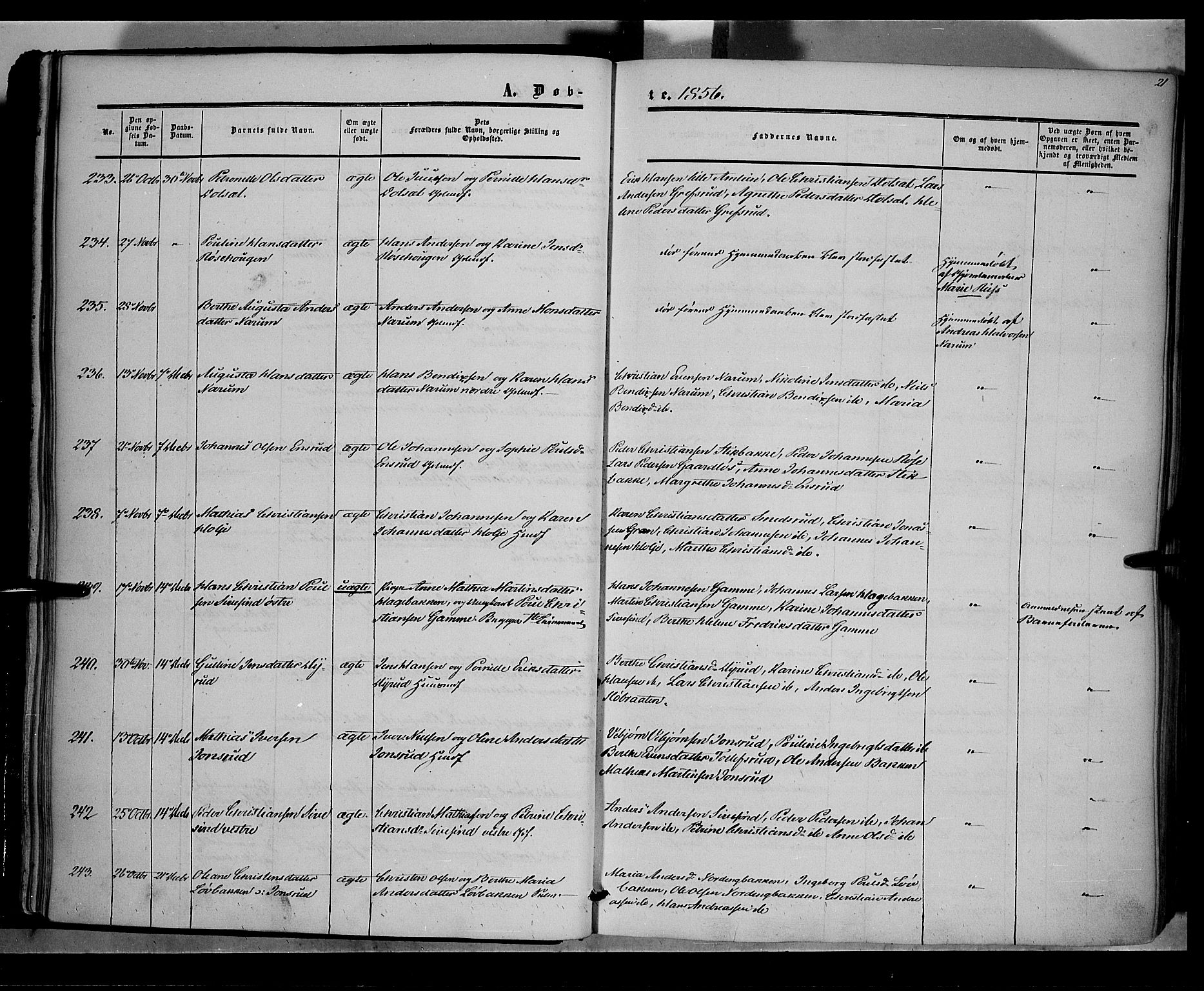 Vestre Toten prestekontor, SAH/PREST-108/H/Ha/Haa/L0006: Parish register (official) no. 6, 1856-1861, p. 21