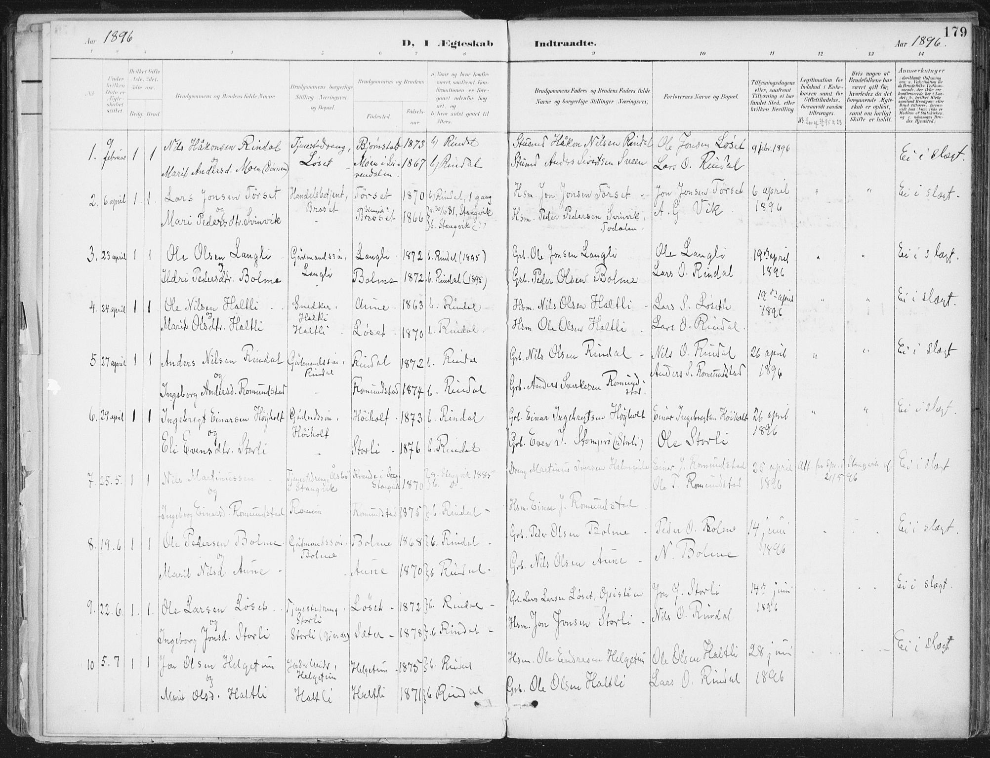 Ministerialprotokoller, klokkerbøker og fødselsregistre - Møre og Romsdal, SAT/A-1454/598/L1072: Parish register (official) no. 598A06, 1896-1910, p. 179