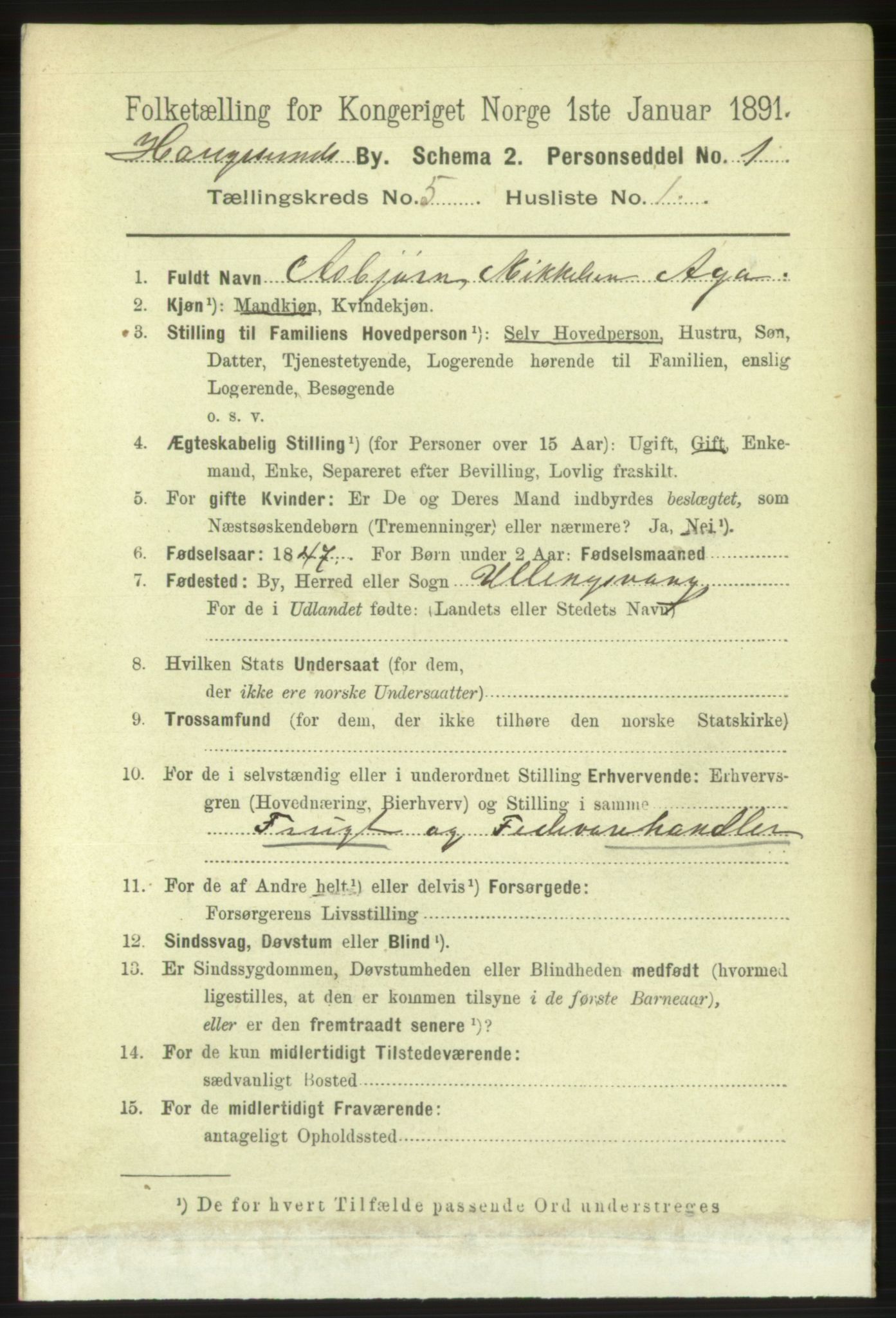 RA, 1891 census for 1106 Haugesund, 1891, p. 1933