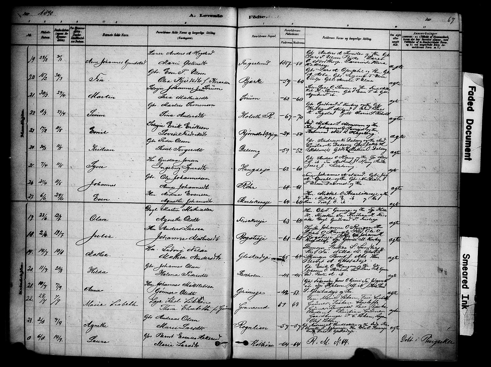 Ringsaker prestekontor, SAH/PREST-014/K/Ka/L0014: Parish register (official) no. 14, 1879-1890, p. 67