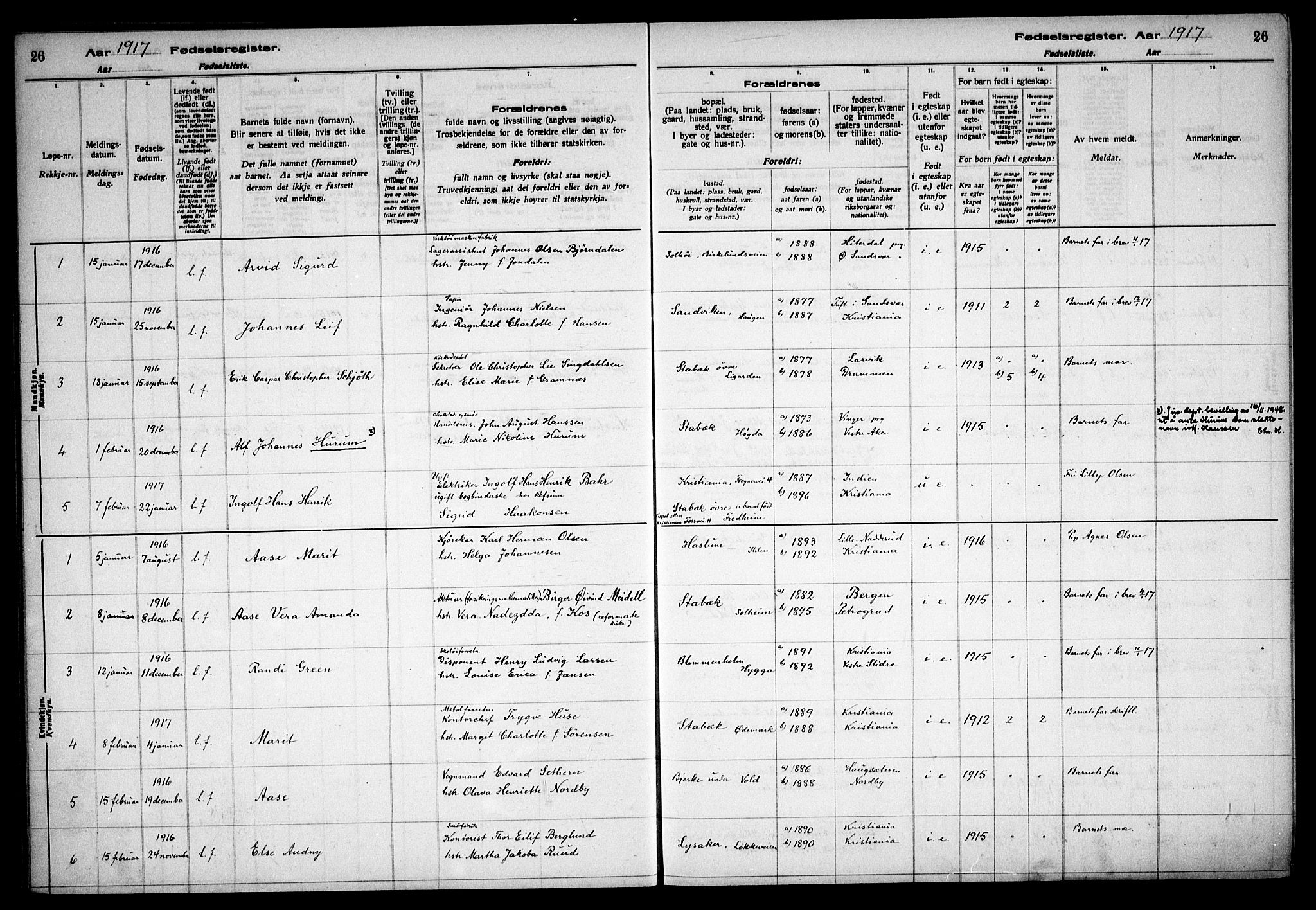 Østre Bærum prestekontor Kirkebøker, AV/SAO-A-10887/J/Ja/L0001: Birth register no. 1, 1916-1922, p. 26