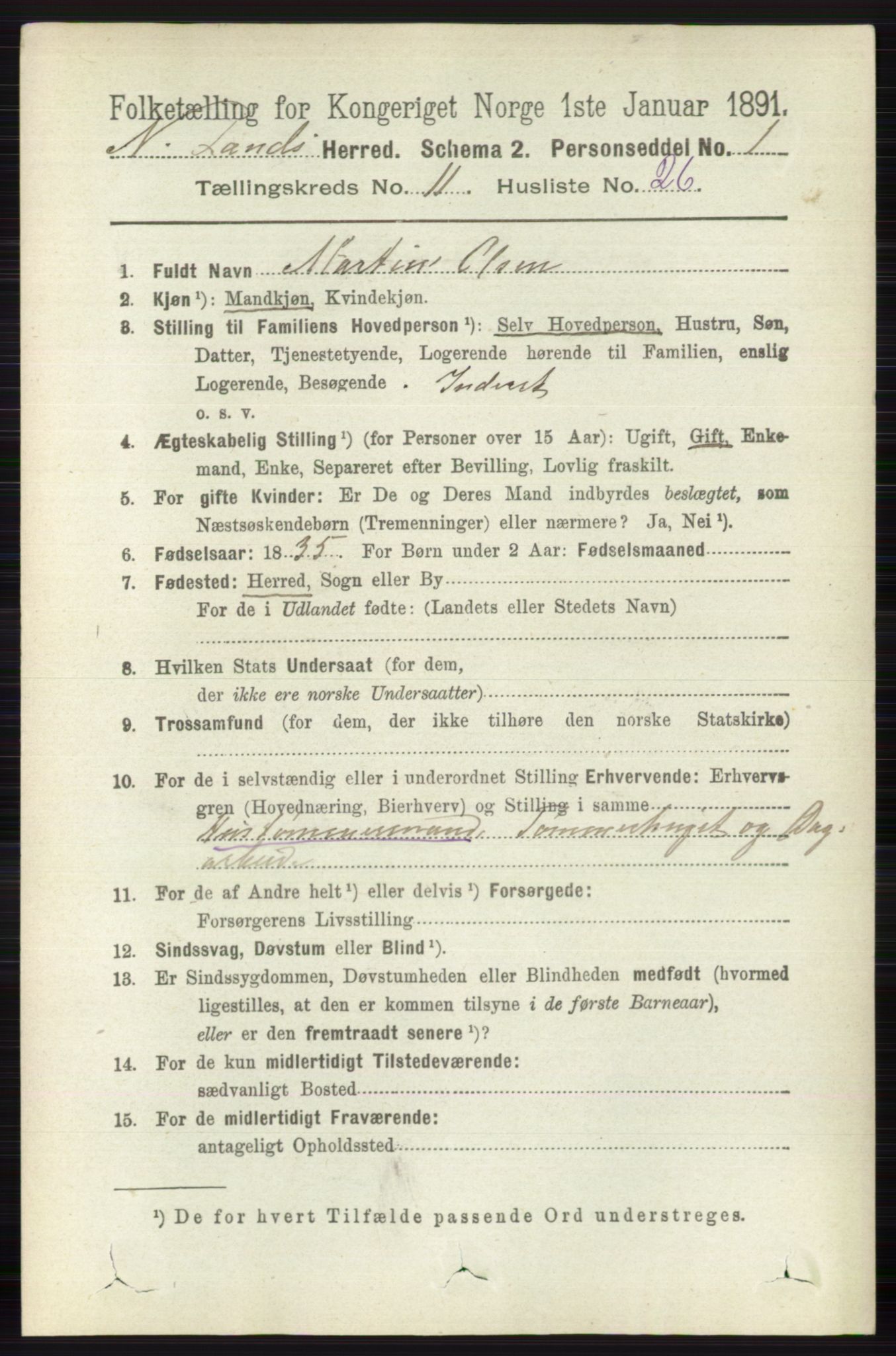 RA, 1891 census for 0538 Nordre Land, 1891, p. 3166