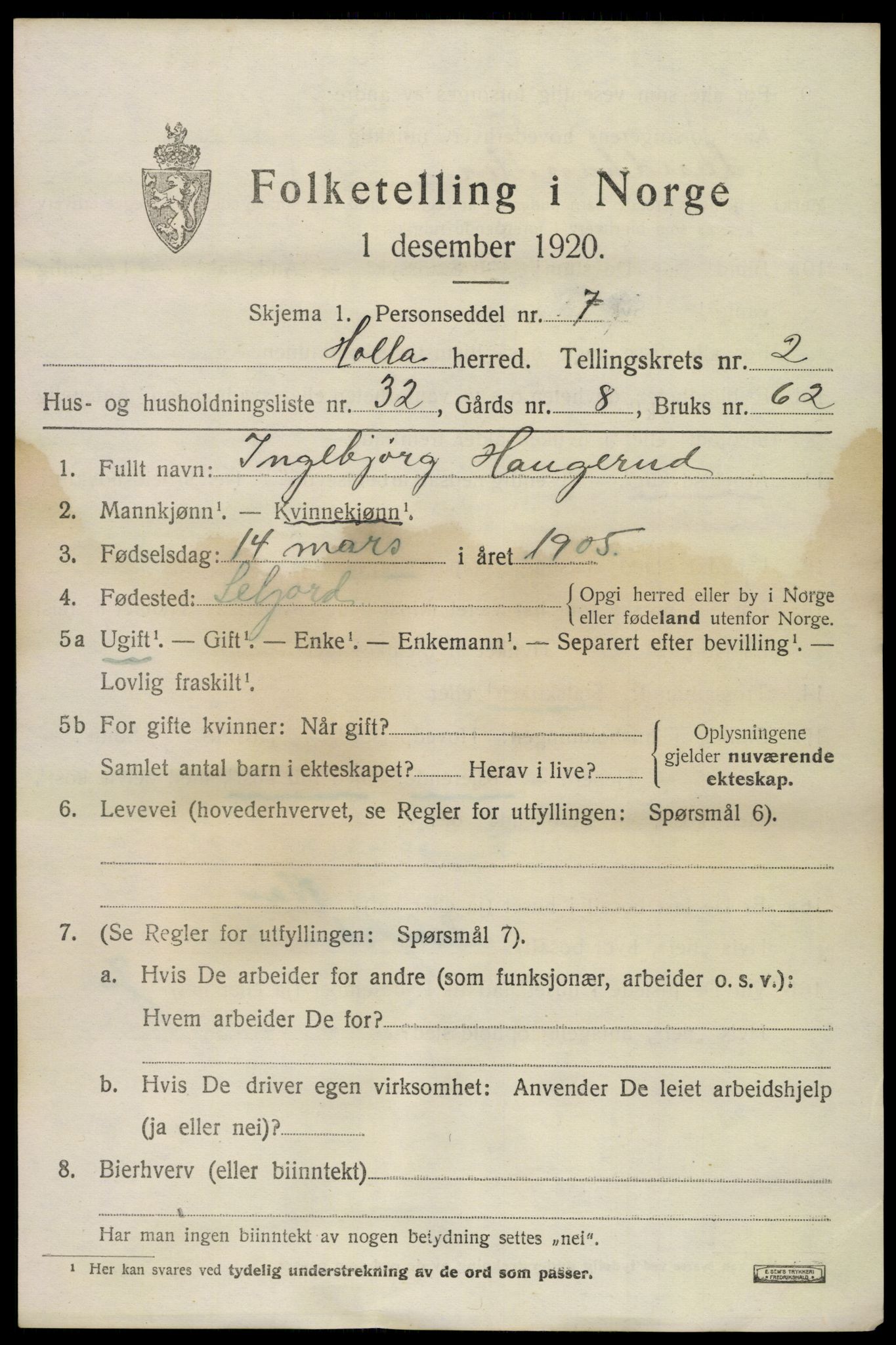 SAKO, 1920 census for Holla, 1920, p. 2031