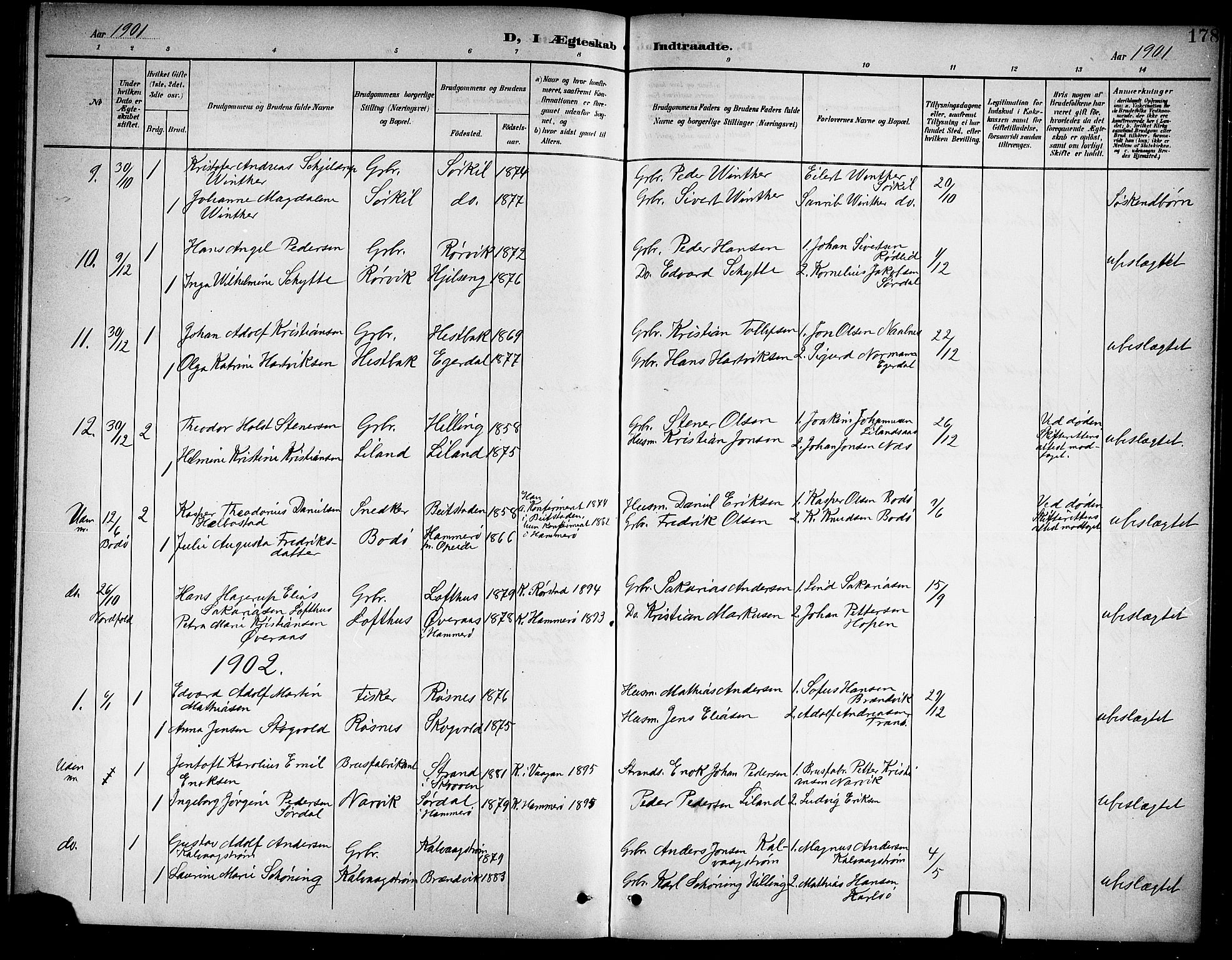 Ministerialprotokoller, klokkerbøker og fødselsregistre - Nordland, AV/SAT-A-1459/859/L0860: Parish register (copy) no. 859C06, 1899-1909, p. 178