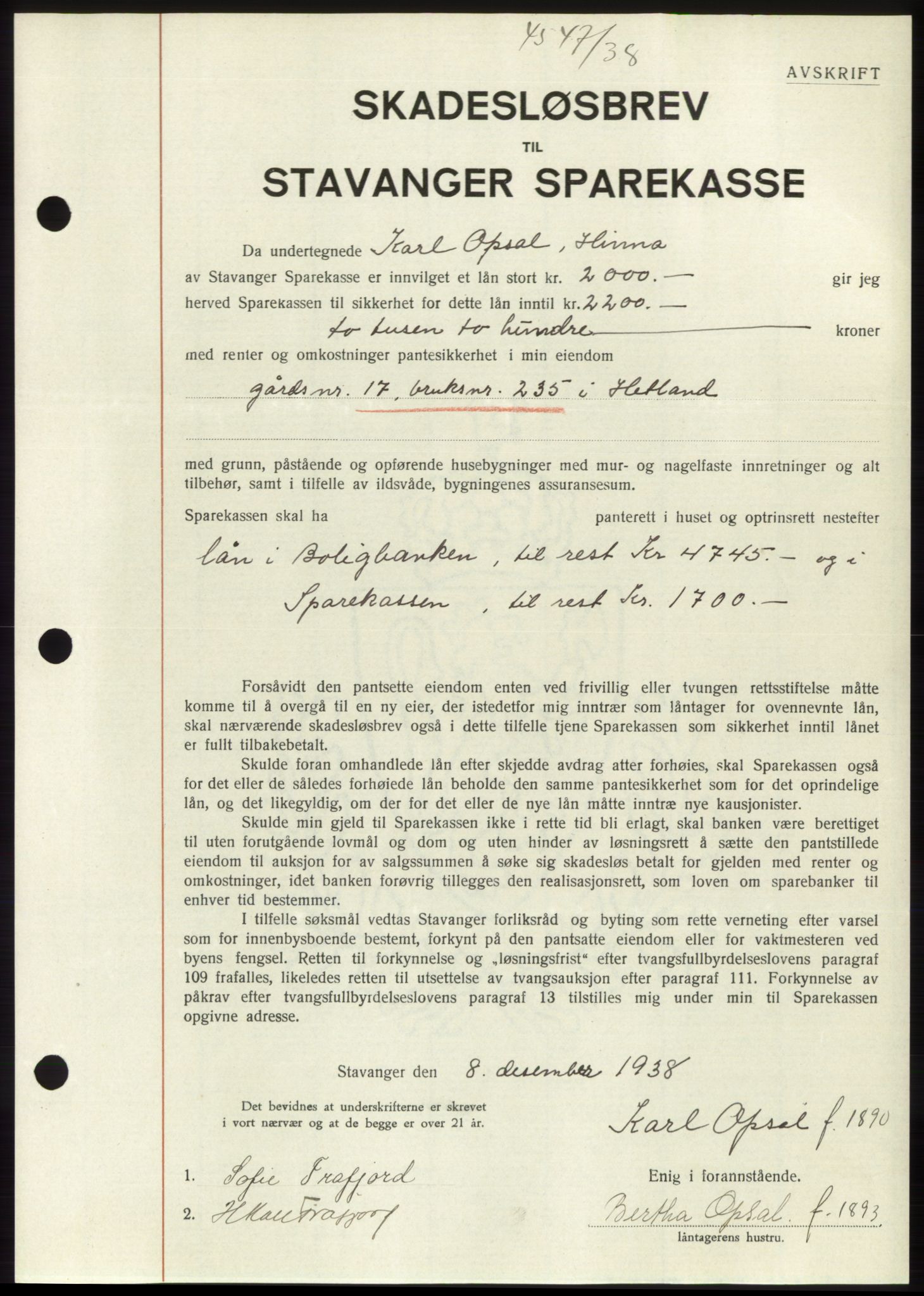 Jæren sorenskriveri, SAST/A-100310/03/G/Gba/L0072: Mortgage book, 1938-1938, Diary no: : 4547/1938