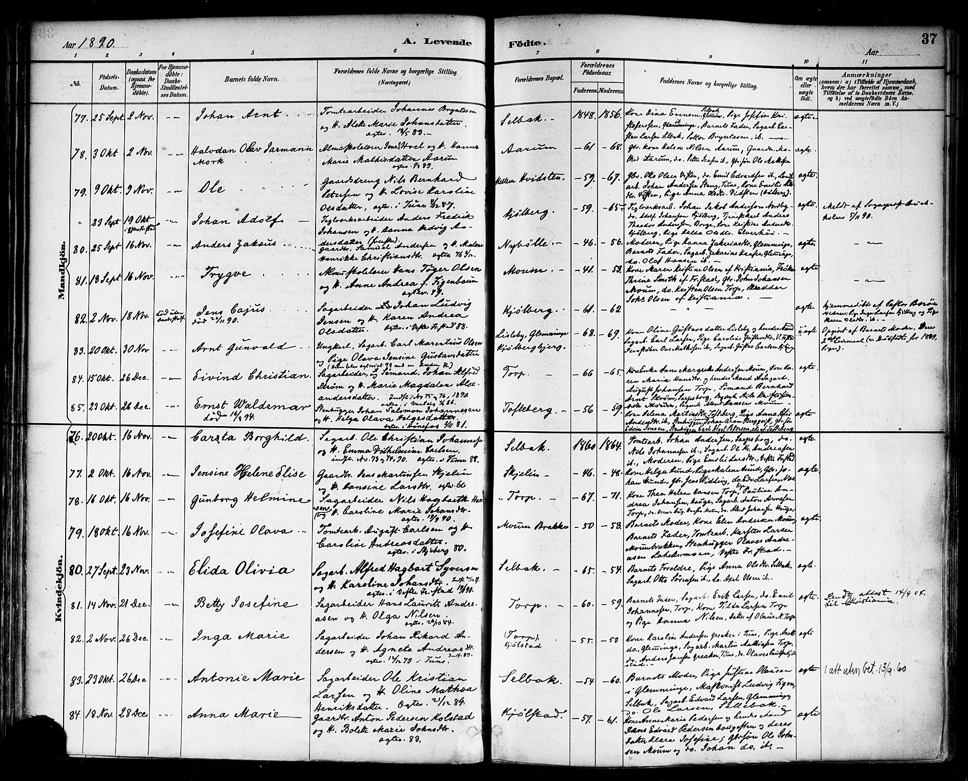 Borge prestekontor Kirkebøker, SAO/A-10903/F/Fa/L0008: Parish register (official) no. I 8A, 1887-1902, p. 37