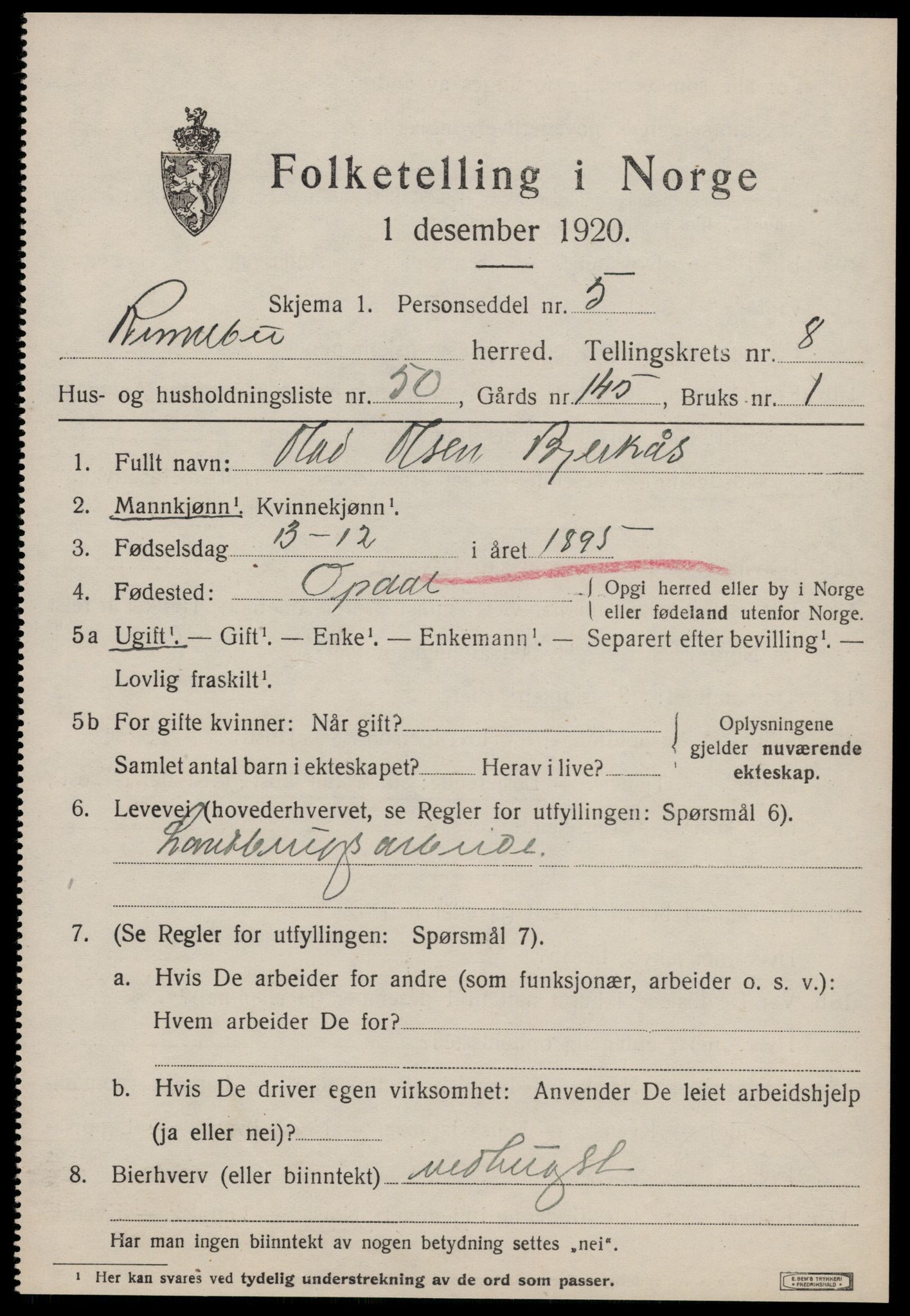 SAT, 1920 census for Rennebu, 1920, p. 5814