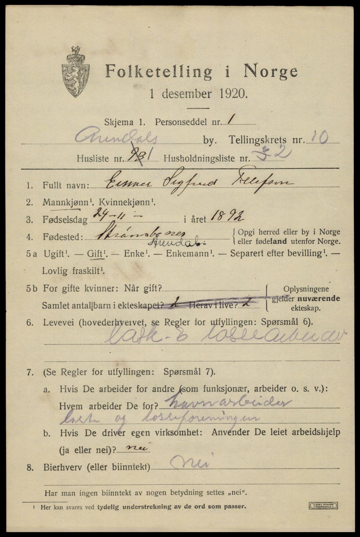 SAK, 1920 census for Arendal, 1920, p. 17230