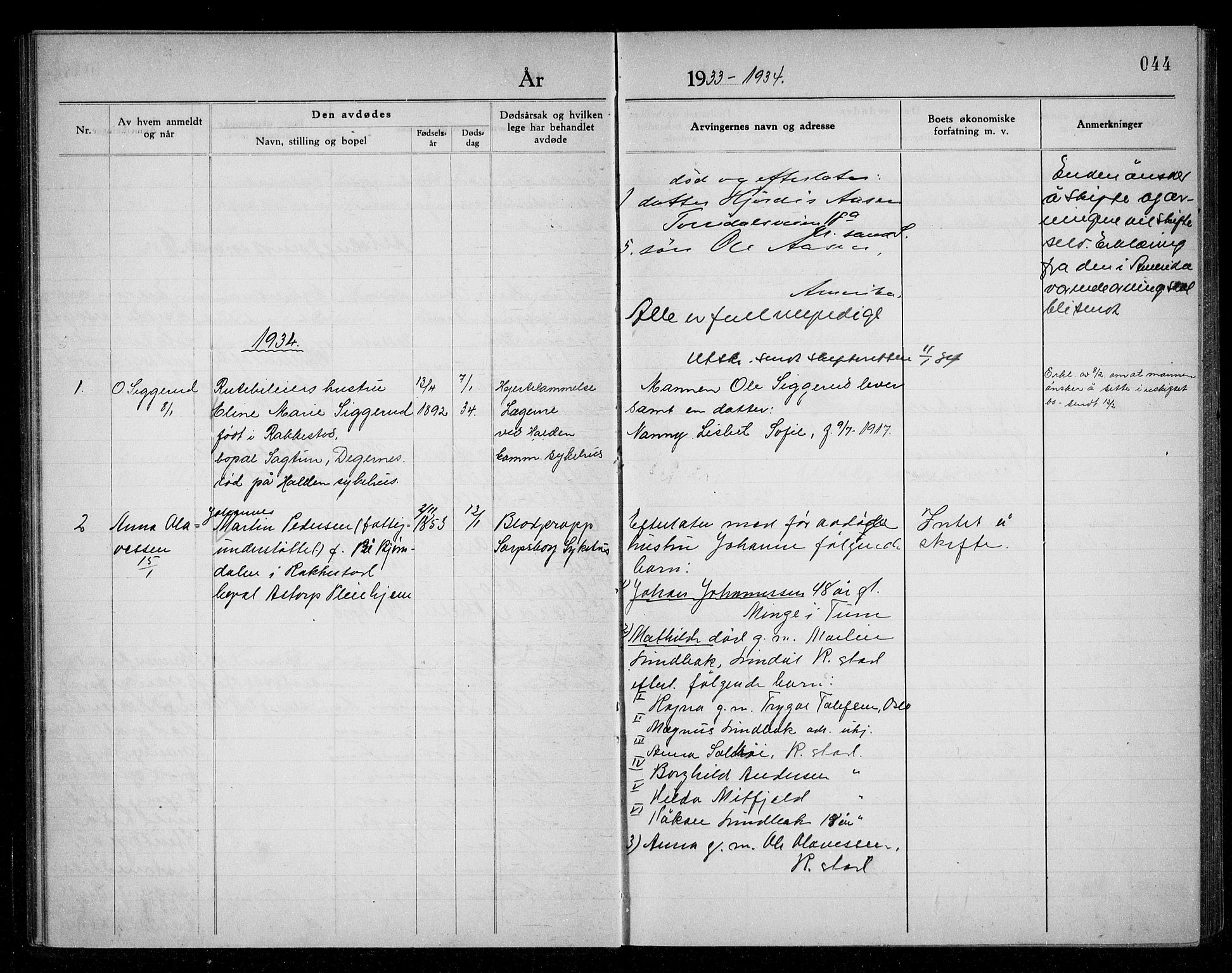 Rakkestad lensmannskontor, AV/SAO-A-10004/H/Ha/Haa/L0005: Dødsanmeldelsesprotokoll, 1931-1941, p. 44