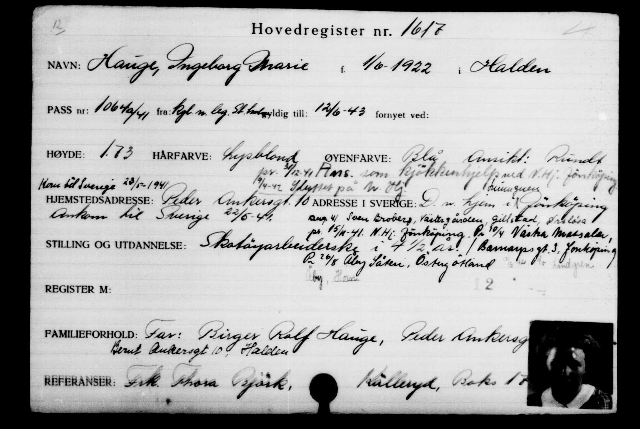Utenriksstasjonene, Legasjonen i Stockholm, Flyktningkontoret, AV/RA-S-6753/V/Va/L0002: Kjesäterkartoteket, flyktninger med registreringsnr. 1001-2000, 1940-1945, p. 884