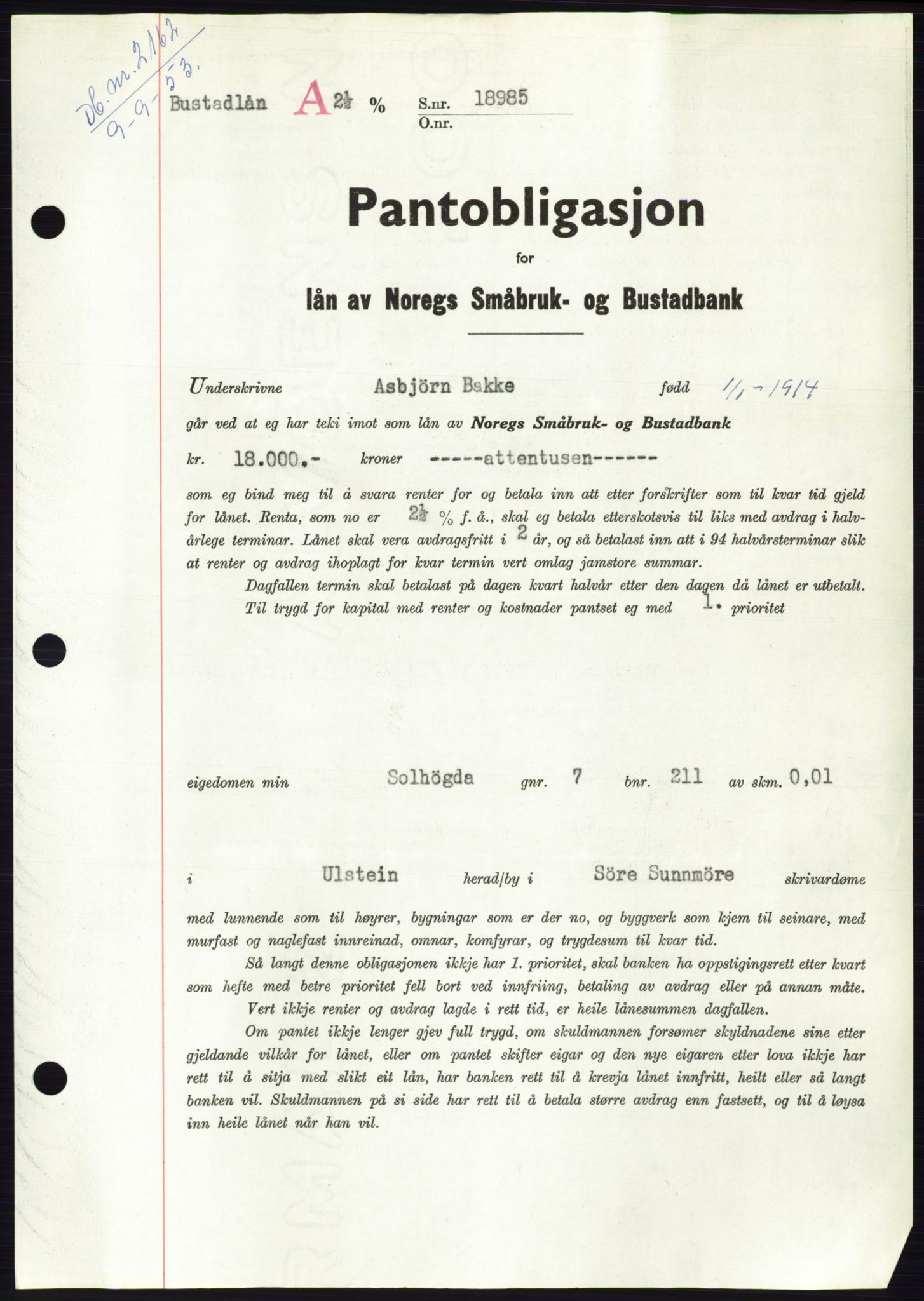 Søre Sunnmøre sorenskriveri, SAT/A-4122/1/2/2C/L0123: Mortgage book no. 11B, 1953-1953, Diary no: : 2162/1953