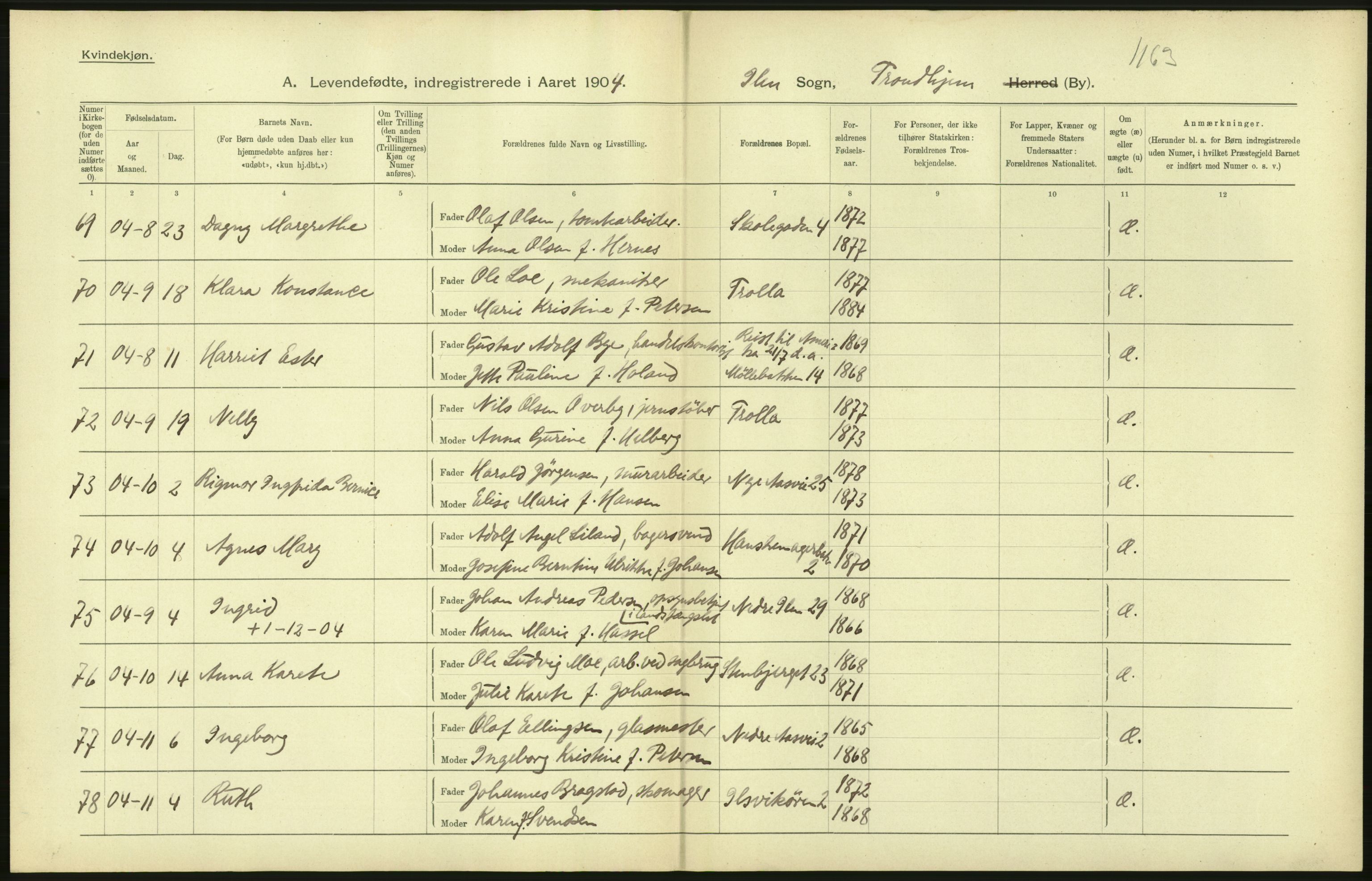 Statistisk sentralbyrå, Sosiodemografiske emner, Befolkning, AV/RA-S-2228/D/Df/Dfa/Dfab/L0018: Trondhjem: Fødte, gifte, døde., 1904, p. 178