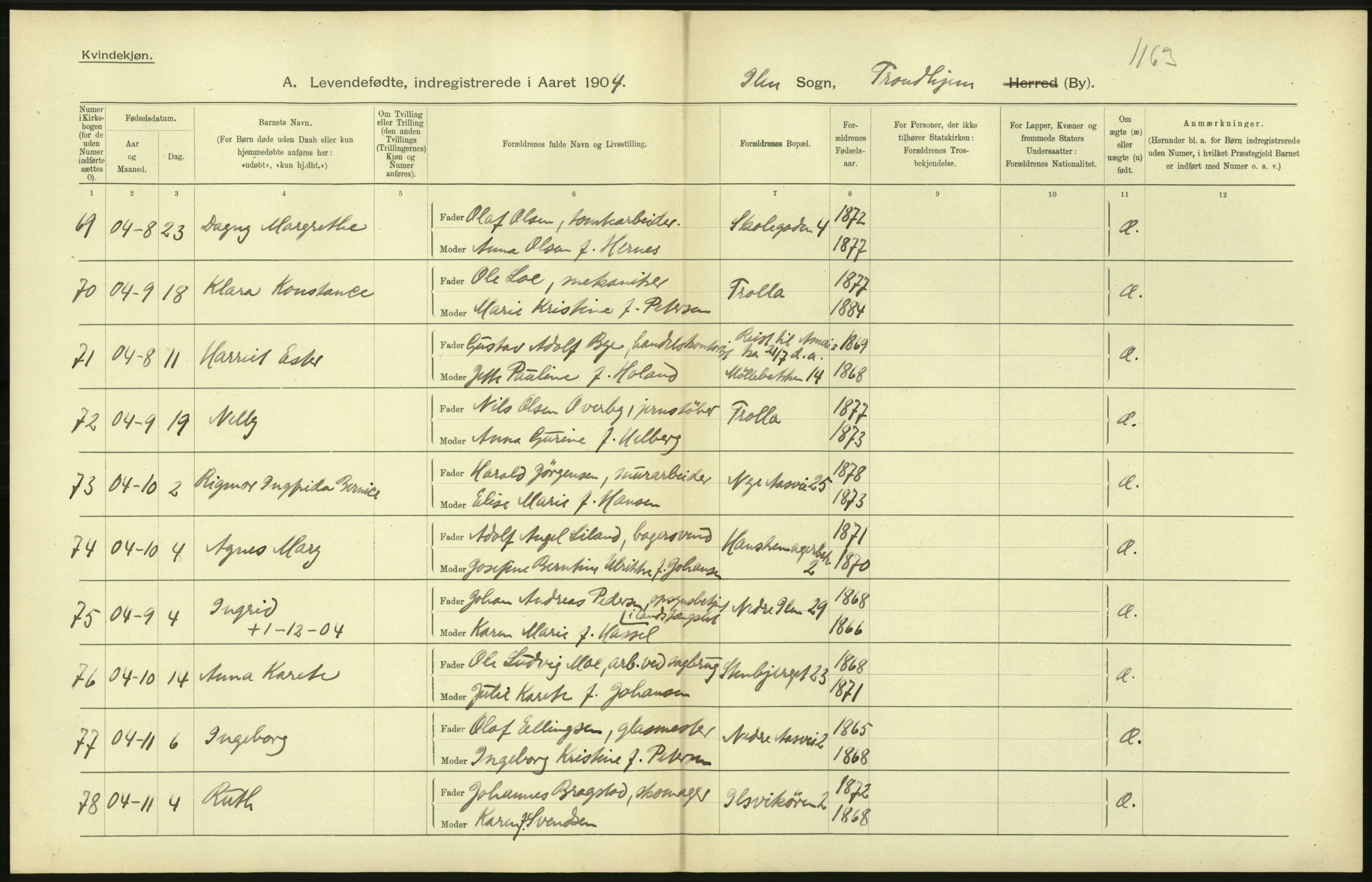 Statistisk sentralbyrå, Sosiodemografiske emner, Befolkning, RA/S-2228/D/Df/Dfa/Dfab/L0018: Trondhjem: Fødte, gifte, døde., 1904, p. 178