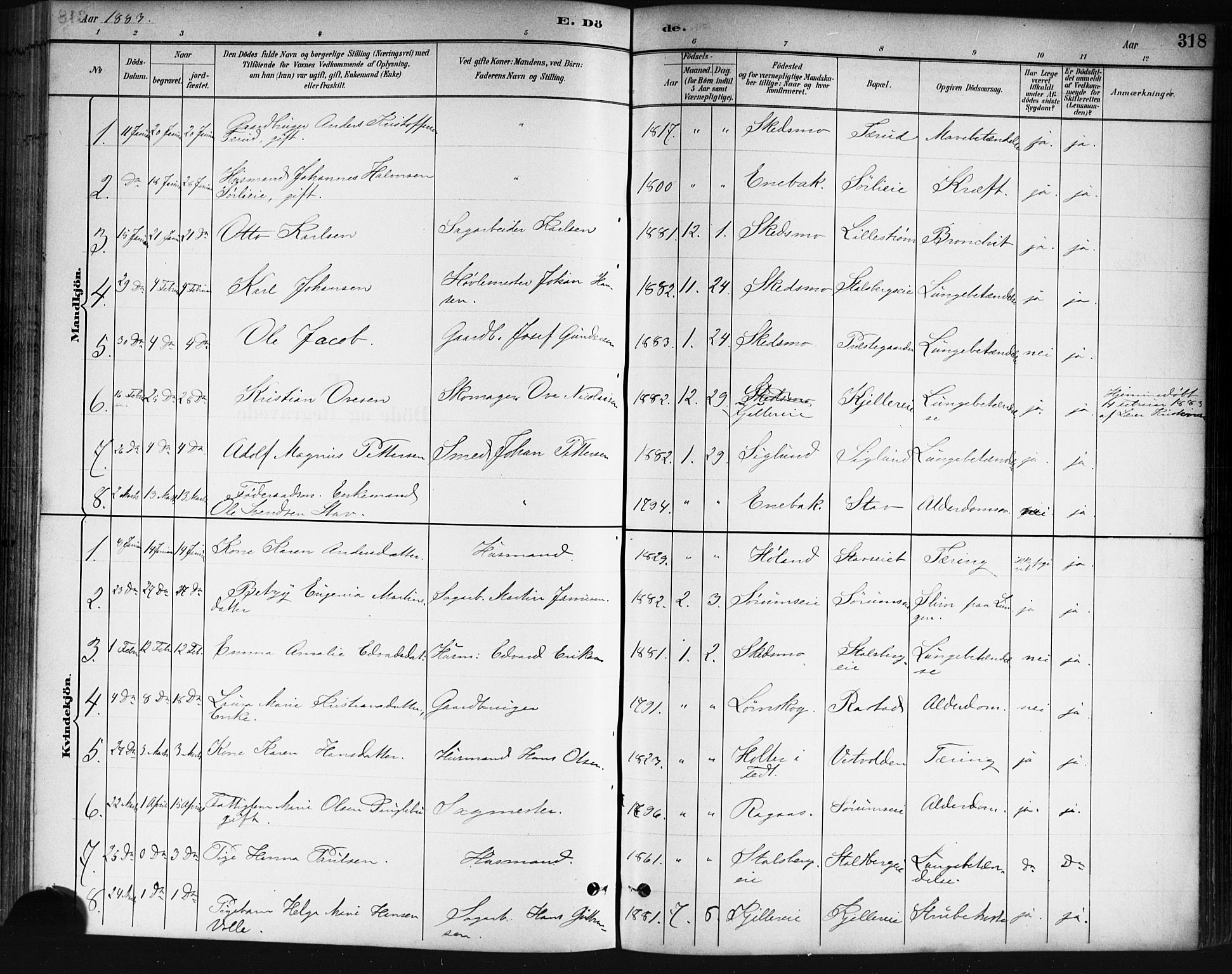 Skedsmo prestekontor Kirkebøker, SAO/A-10033a/G/Ga/L0004: Parish register (copy) no. I 4, 1883-1895, p. 318