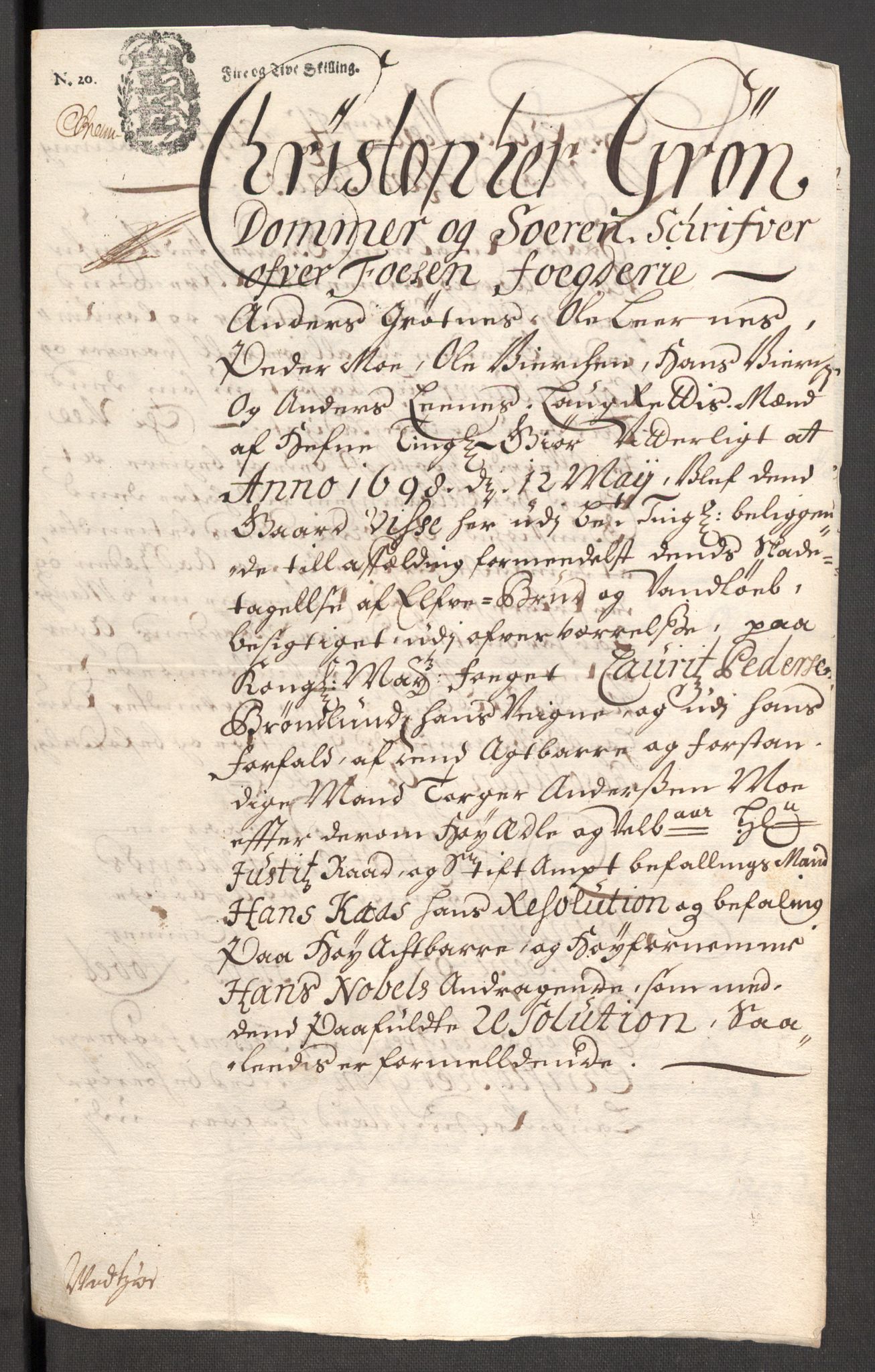 Rentekammeret inntil 1814, Reviderte regnskaper, Fogderegnskap, AV/RA-EA-4092/R57/L3853: Fogderegnskap Fosen, 1698-1699, p. 172