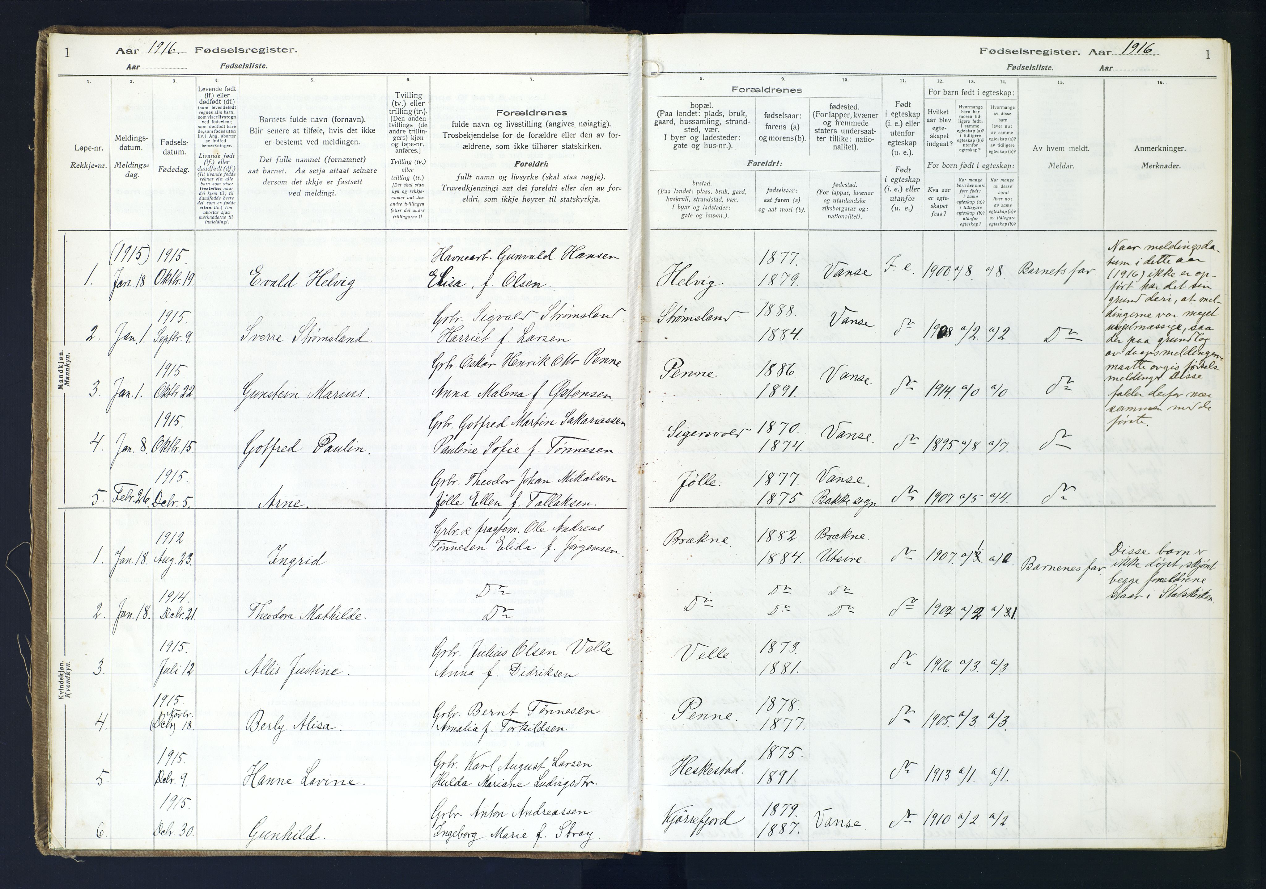 Lista sokneprestkontor, AV/SAK-1111-0027/J/Ja/L0001: Birth register no. A-VI-30, 1916-1934, p. 1