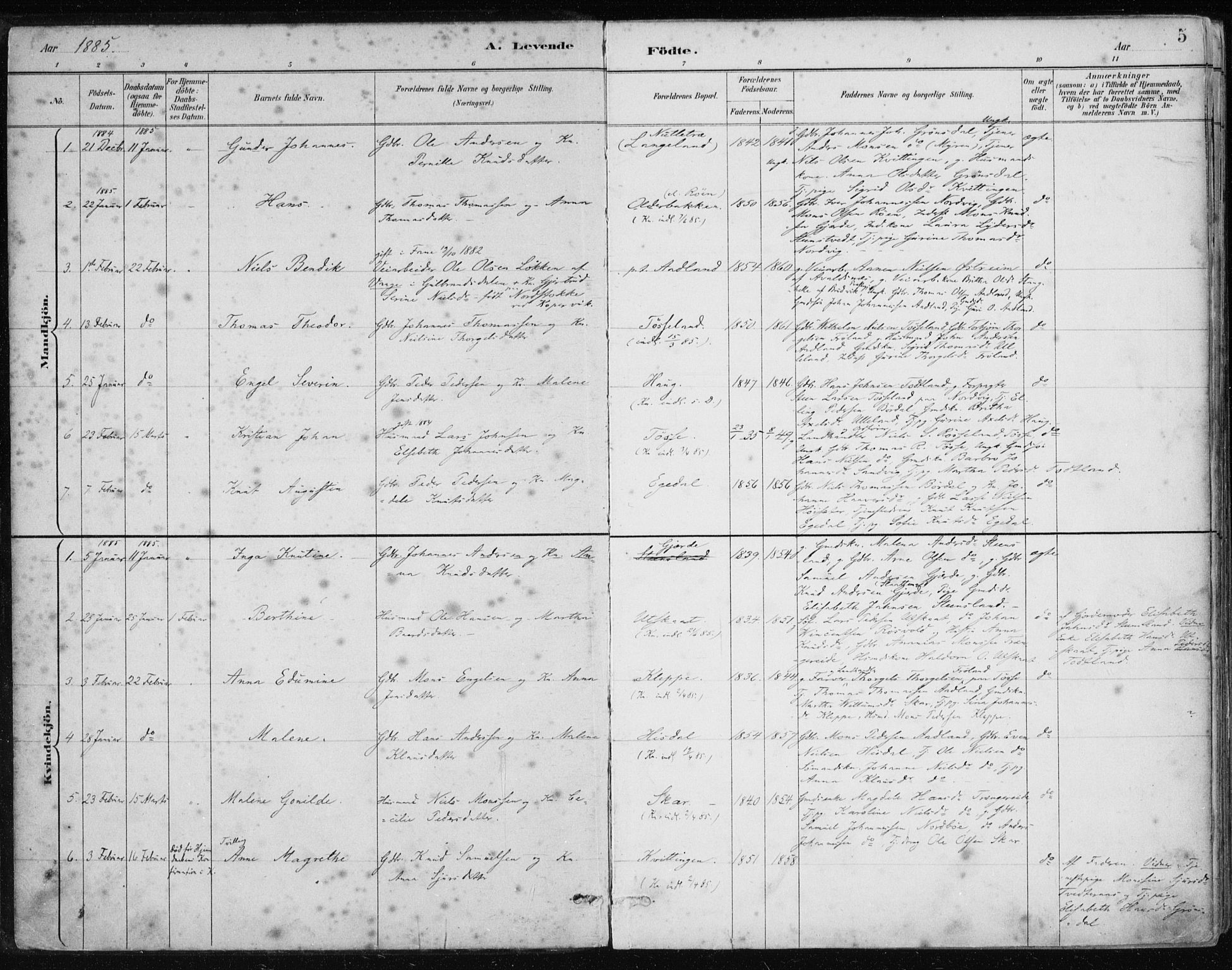 Samnanger Sokneprestembete, SAB/A-77501/H/Haa: Parish register (official) no. A 1, 1885-1901, p. 5