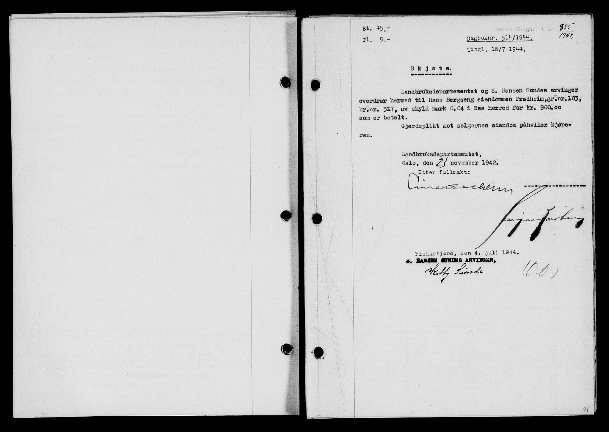 Flekkefjord sorenskriveri, SAK/1221-0001/G/Gb/Gba/L0059: Mortgage book no. A-7, 1944-1945, Diary no: : 514/1944