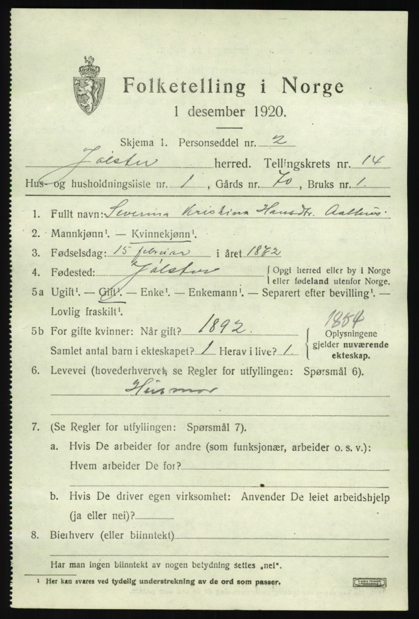 SAB, 1920 census for Jølster, 1920, p. 6456