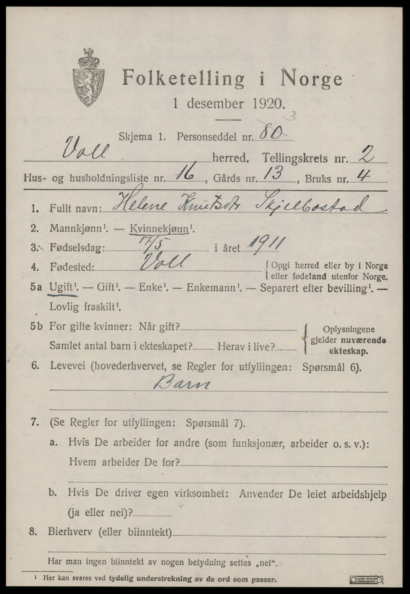 SAT, 1920 census for Voll, 1920, p. 953