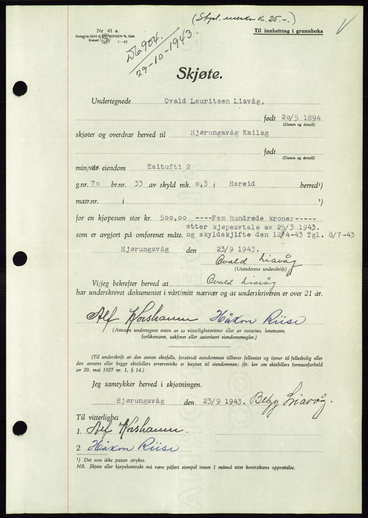 Søre Sunnmøre sorenskriveri, AV/SAT-A-4122/1/2/2C/L0075: Mortgage book no. 1A, 1943-1943, Diary no: : 904/1943