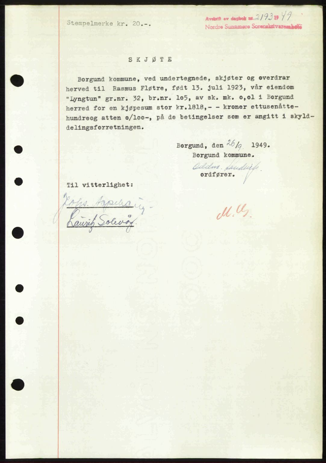 Nordre Sunnmøre sorenskriveri, AV/SAT-A-0006/1/2/2C/2Ca: Mortgage book no. A32, 1949-1949, Diary no: : 2193/1949