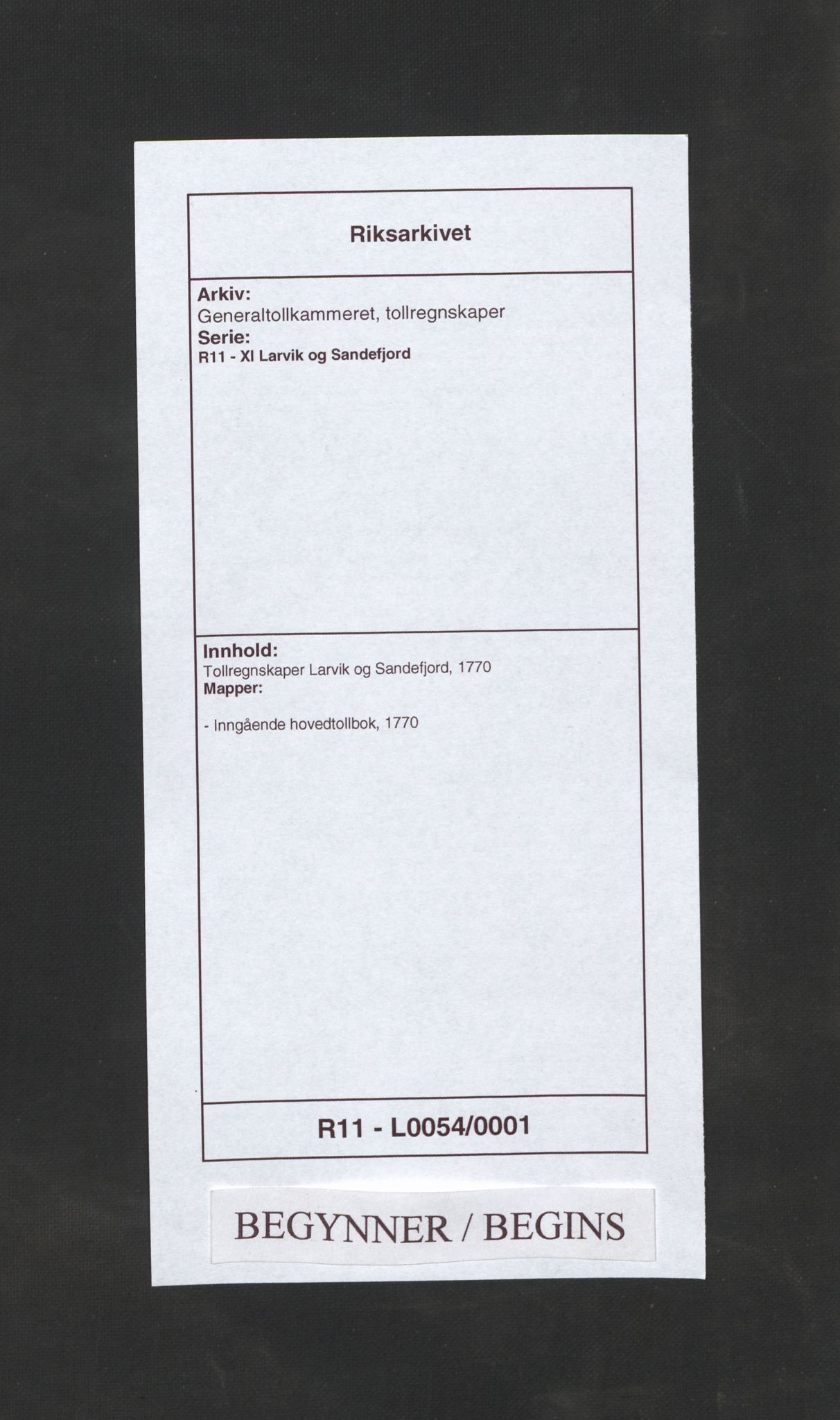 Generaltollkammeret, tollregnskaper, RA/EA-5490/R11/L0054/0001: Tollregnskaper Larvik og Sandefjord / Inngående hovedtollbok, 1770