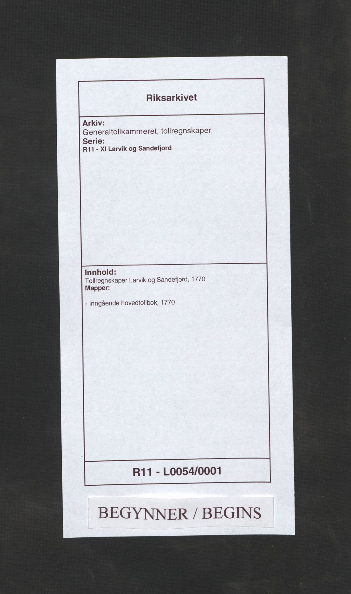 Generaltollkammeret, tollregnskaper, AV/RA-EA-5490/R11/L0054/0001: Tollregnskaper Larvik og Sandefjord / Inngående hovedtollbok, 1770