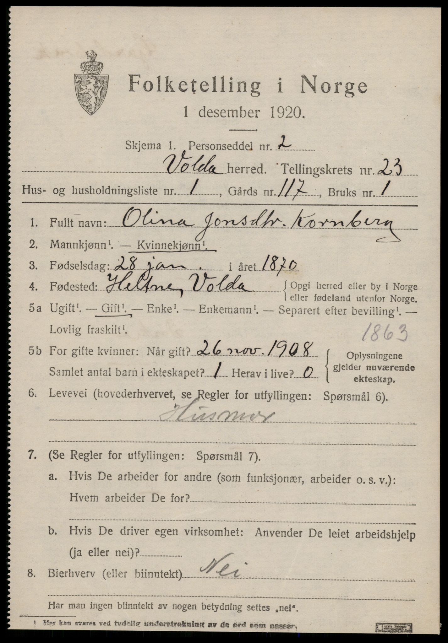 SAT, 1920 census for Volda, 1920, p. 11670