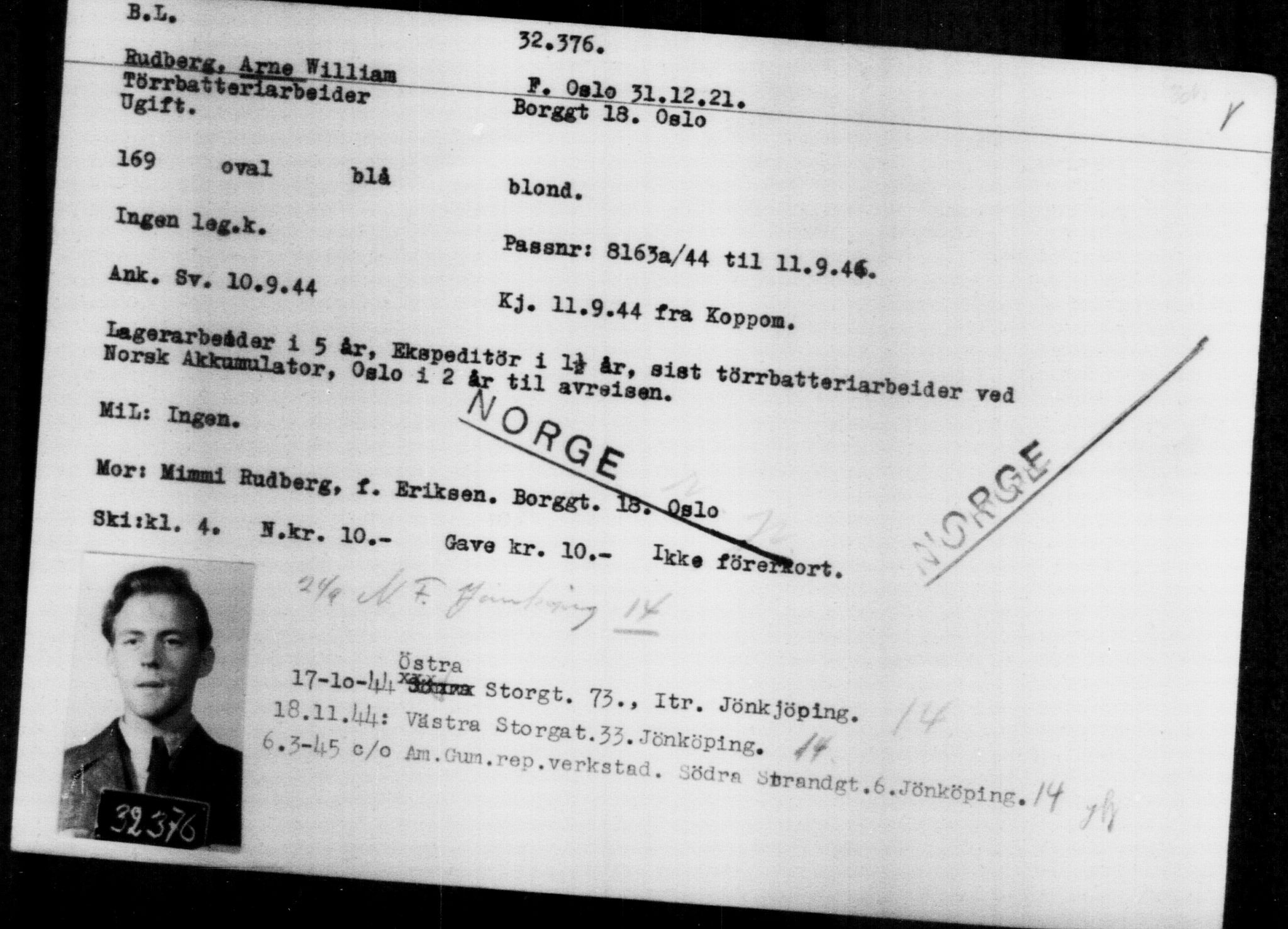 Utenriksstasjonene, Legasjonen i Stockholm, Flyktningkontoret, AV/RA-S-6753/V/Va/L0013: Kjesäterkartoteket, flyktninger med registreringsnr. 31500-34731, 1940-1945, p. 927