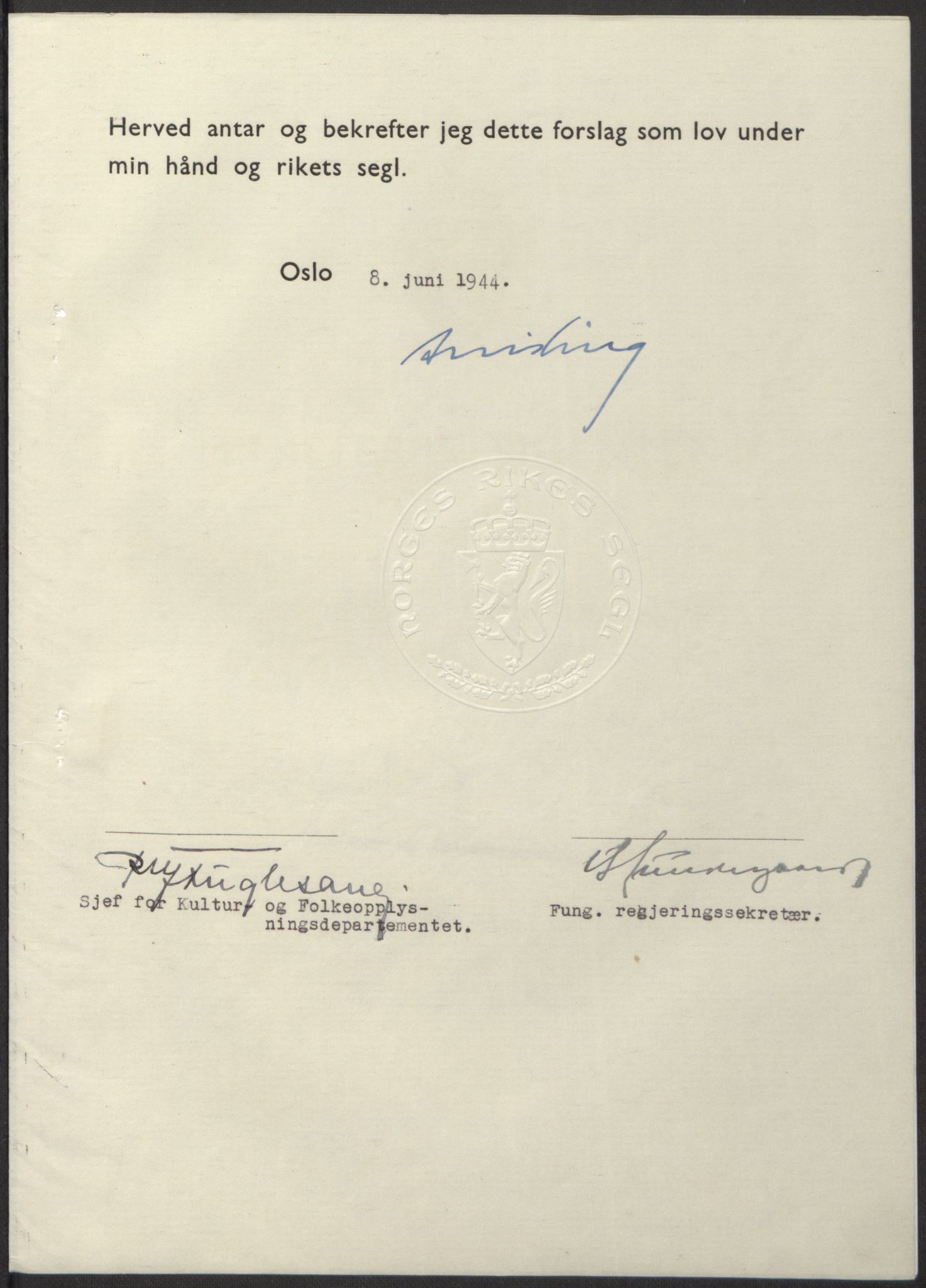 NS-administrasjonen 1940-1945 (Statsrådsekretariatet, de kommisariske statsråder mm), AV/RA-S-4279/D/Db/L0100: Lover, 1944, p. 271